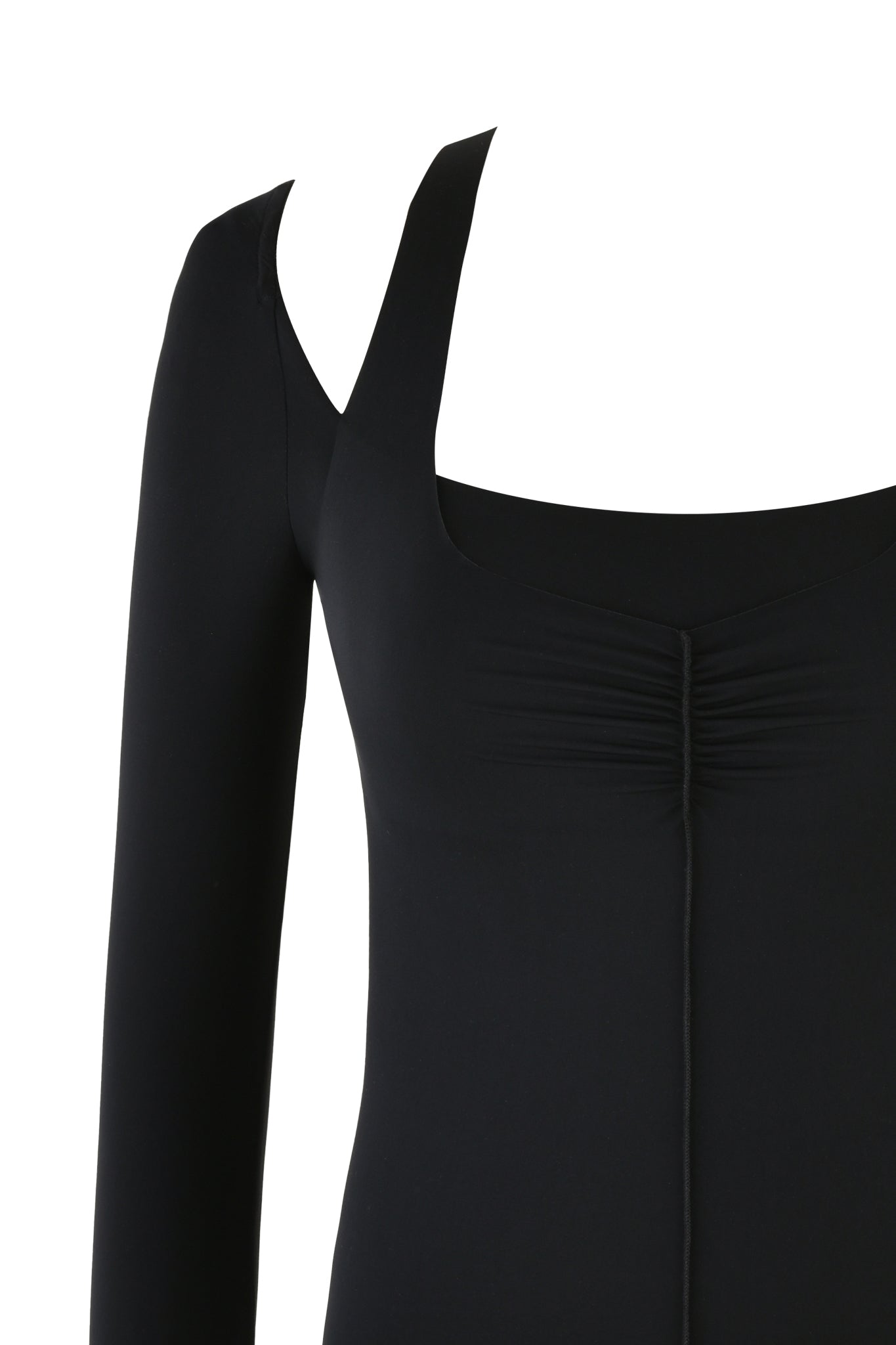 The NERINA LONG SLEEVE TOP - BLACK by I.AM.GIA features a square neckline, bust gathering, and smooth fabric in a bodycon fit, showcased on a plain white background.