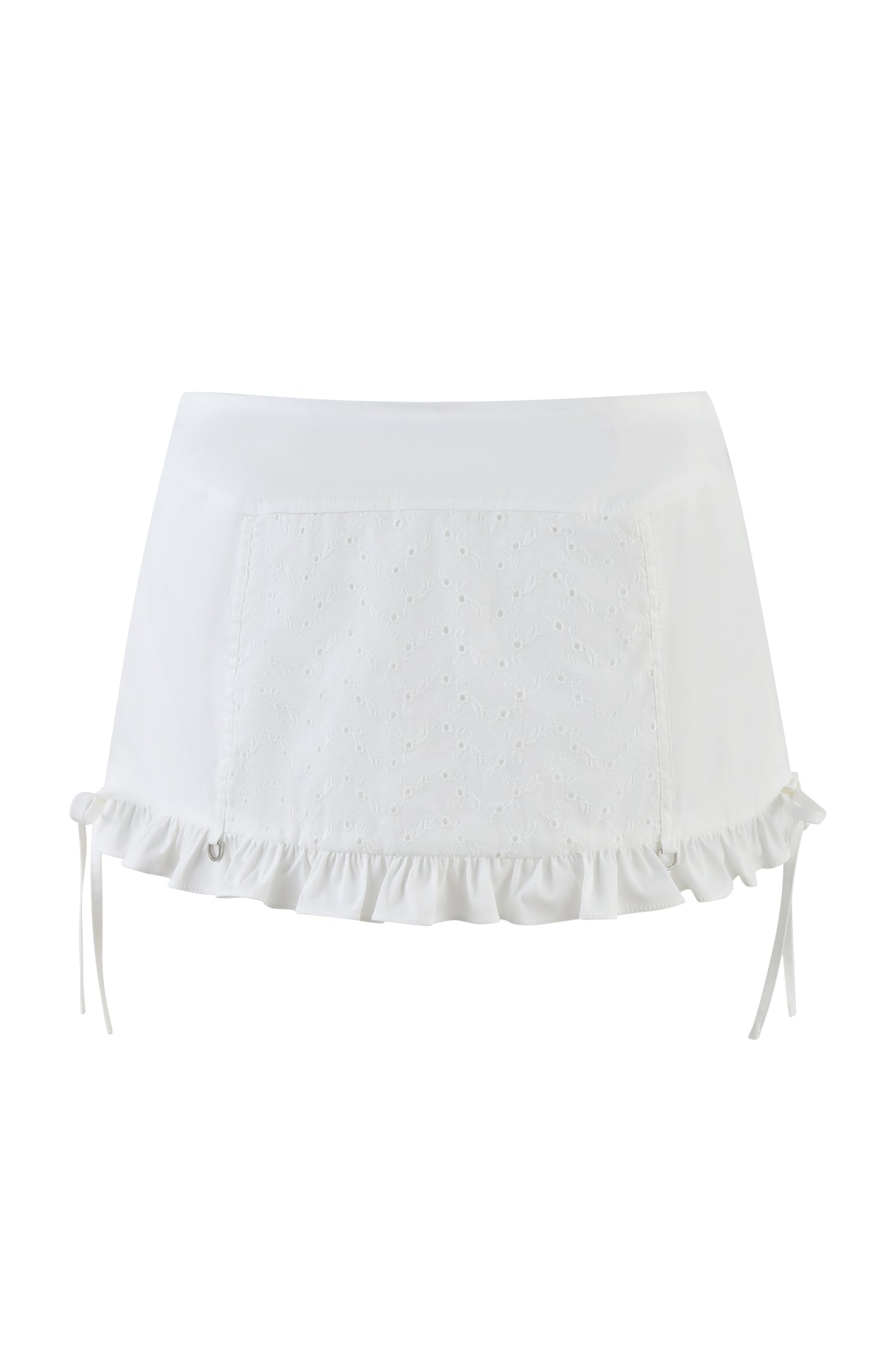 The WREN MINI SKIRT - WHITE by I.AM.GIA is a chic white mini skirt with an eyelet lace front panel, ruffled hemline, and adjustable drawstring ties on the sides for a feminine look.