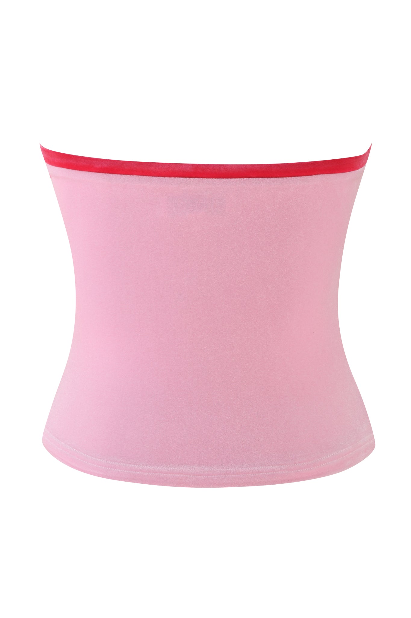 The MICHELLE VELOUR BOOB TUBE in pink by I.AM.GIA is a waist trainer designed for body shaping with a seamless appearance, featuring a red upper edge. Its bodycon fit provides a sleek silhouette.