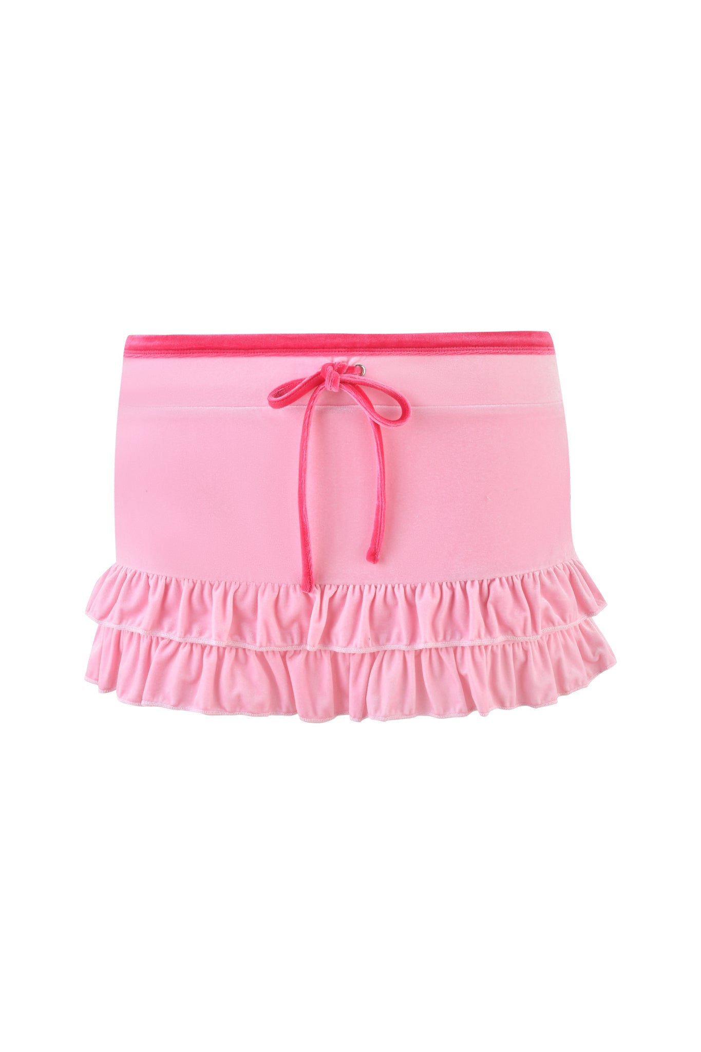 The I.AM.GIA MICHELLE VELOUR MINI SKORT in pink is a layered, ruffled skort with velour fabric. It boasts a low-rise waist and a pink waistband complete with a drawstring tie.