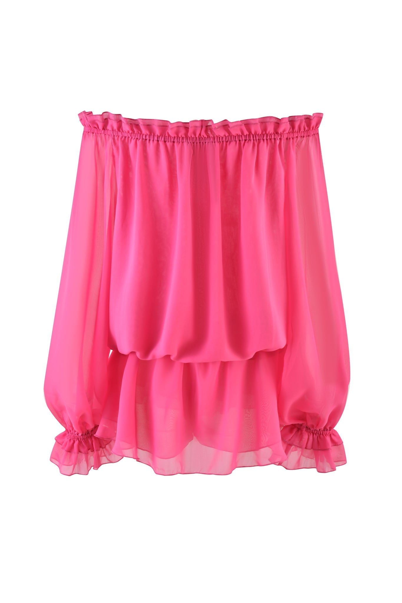The JAZMIN PLAYSUIT - PINK by I.AM.GIA features an off-the-shoulder design in hot pink georgette, with long puffed sleeves, ruffled cuffs, and elastic bands at the neckline and waist for a flattering gathered effect.