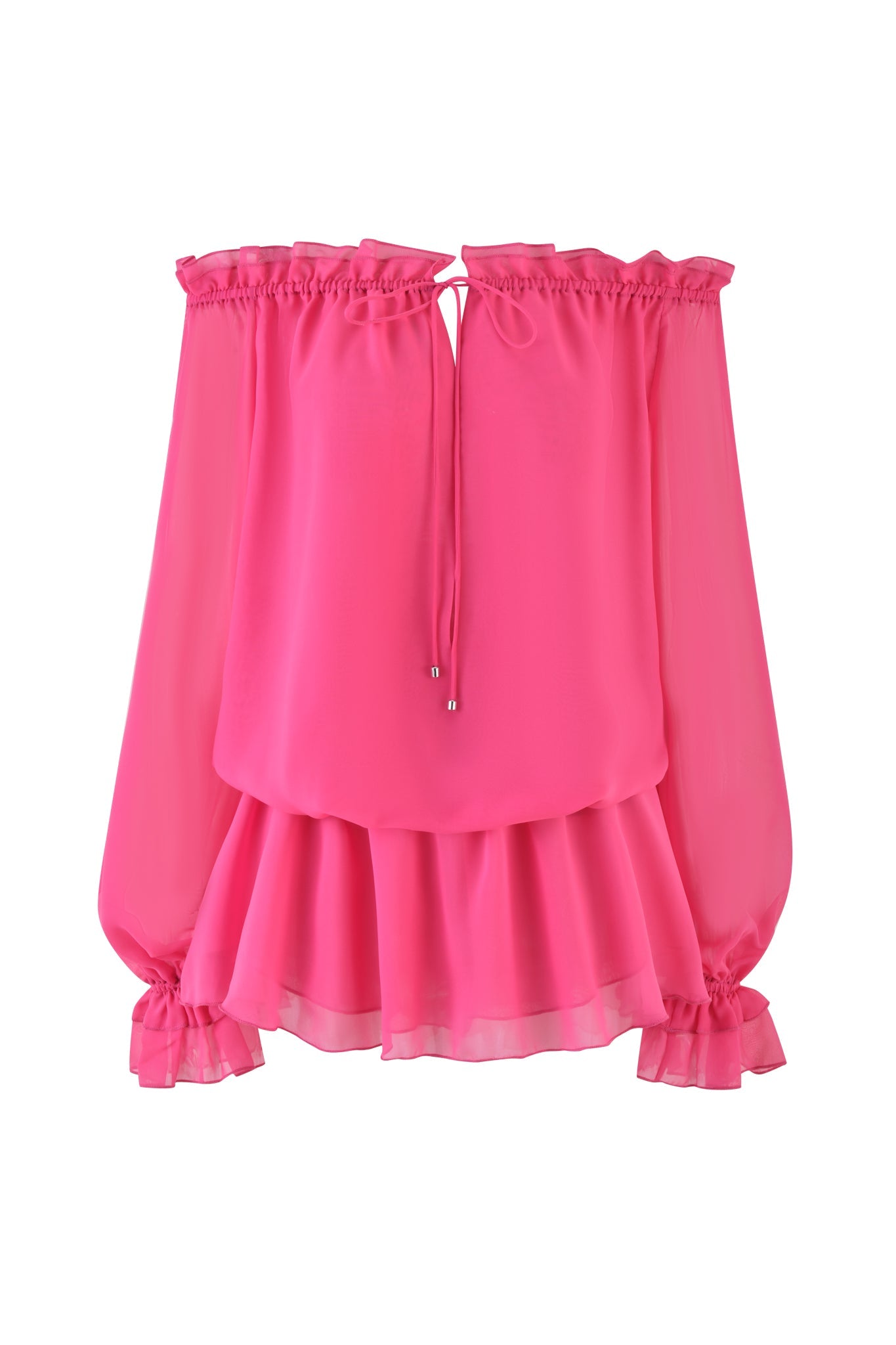 The JAZMIN PLAYSUIT by I.AM.GIA is a hot pink, lightweight georgette piece featuring an off-the-shoulder design, long sleeves with ruffled cuffs, a ruffled neckline with a front tie, and a layered, ruffled hem for an elegant touch.