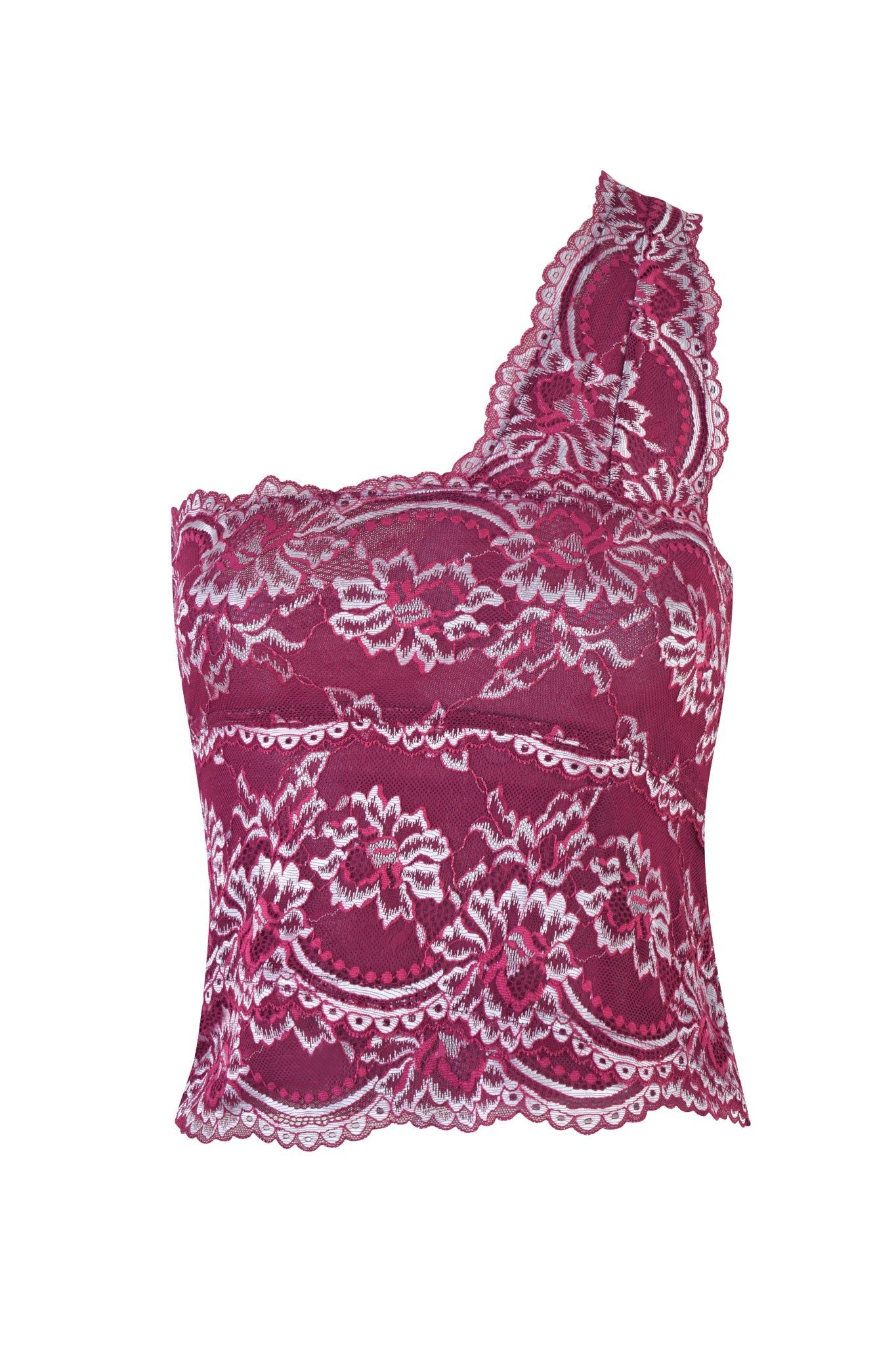 The PHOENIX TOP in plum by I.AM.GIA is an asymmetrical, one-shoulder sleeveless top featuring scalloped lace with delicate floral patterns and a flattering bodycon fit.