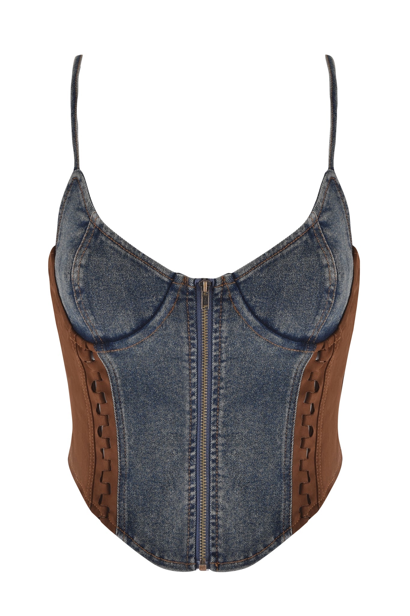 The I.AM.GIA FORREST BUSTIER in medium blue wash features adjustable thin straps, a front zipper, and brown side panels with lace-up detailing. The vintage washed effect brings a stylish edge to this structured design.