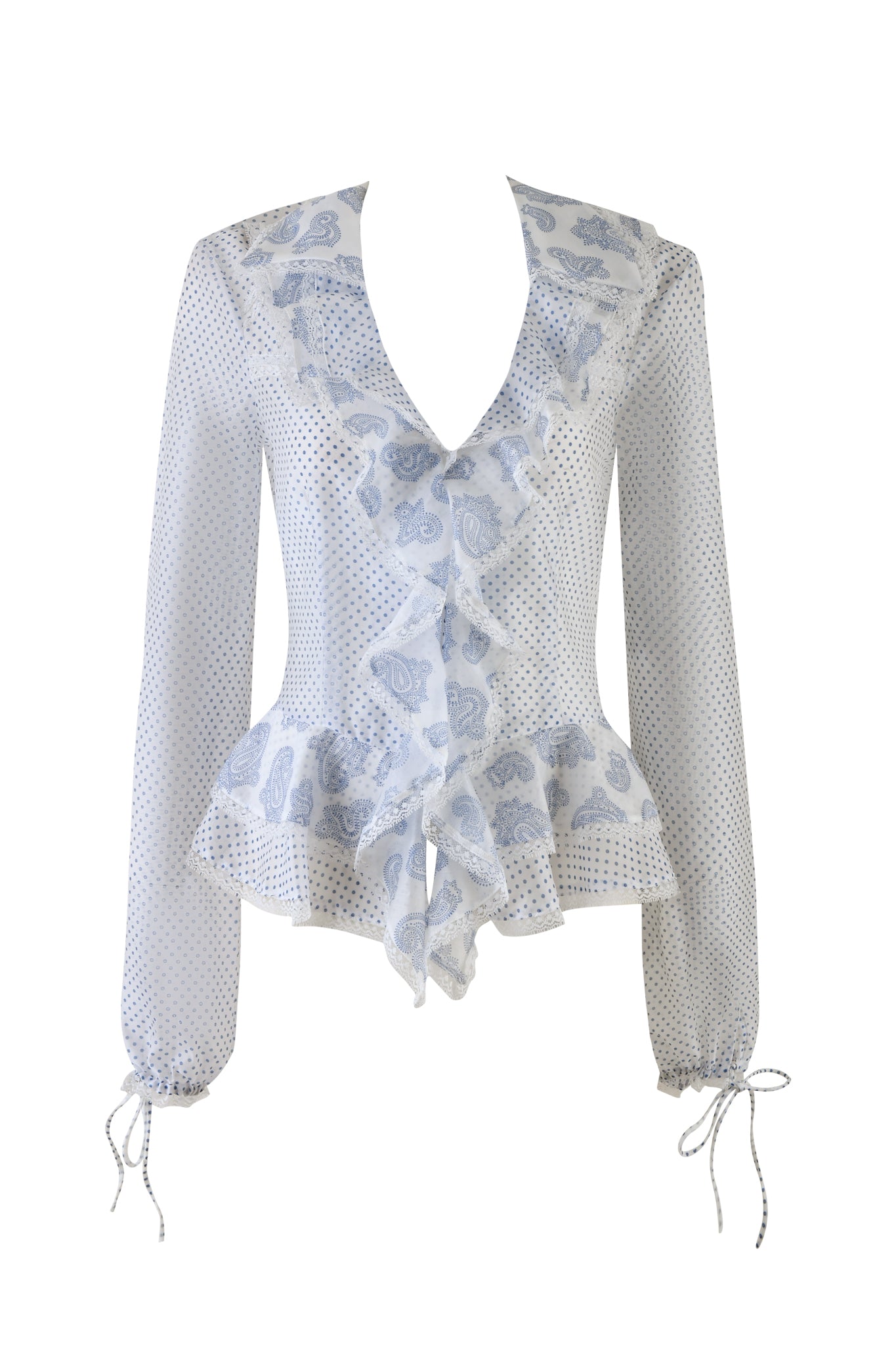The OPAL TOP by I.AM.GIA features long sleeves with adjustable cuff ties, a ruffled V-neckline, elastic cinch waist, and peplum hem. With mixed prints of small black spots and floral patterned ruffles, this white top is a stylish standout.