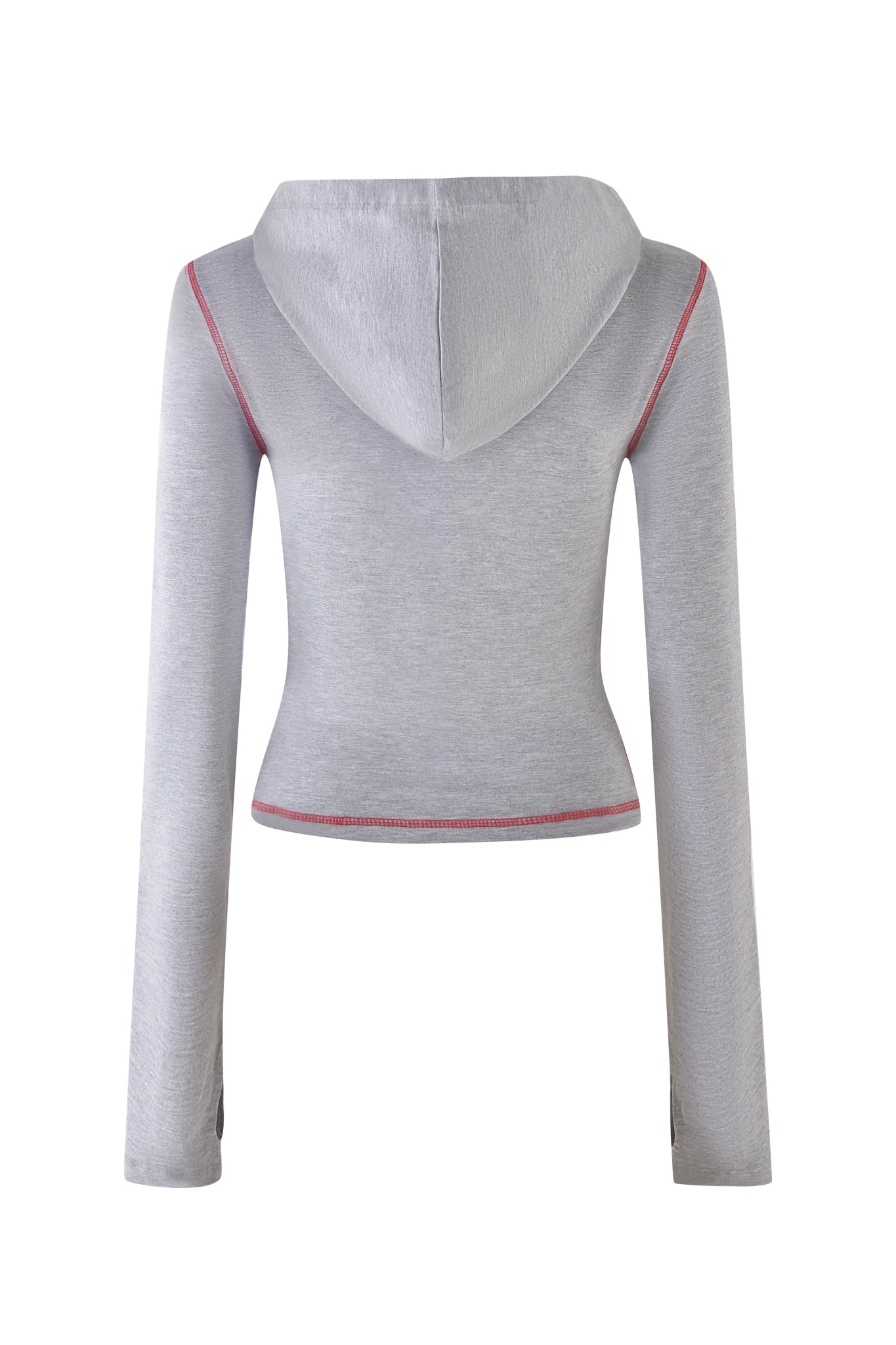 Back view of the I.AM.GIA BLARE HOODIE - DOVE GREY, showcasing a gray long-sleeve design with pink trim, fitted bodycon silhouette, and hood on a white background.