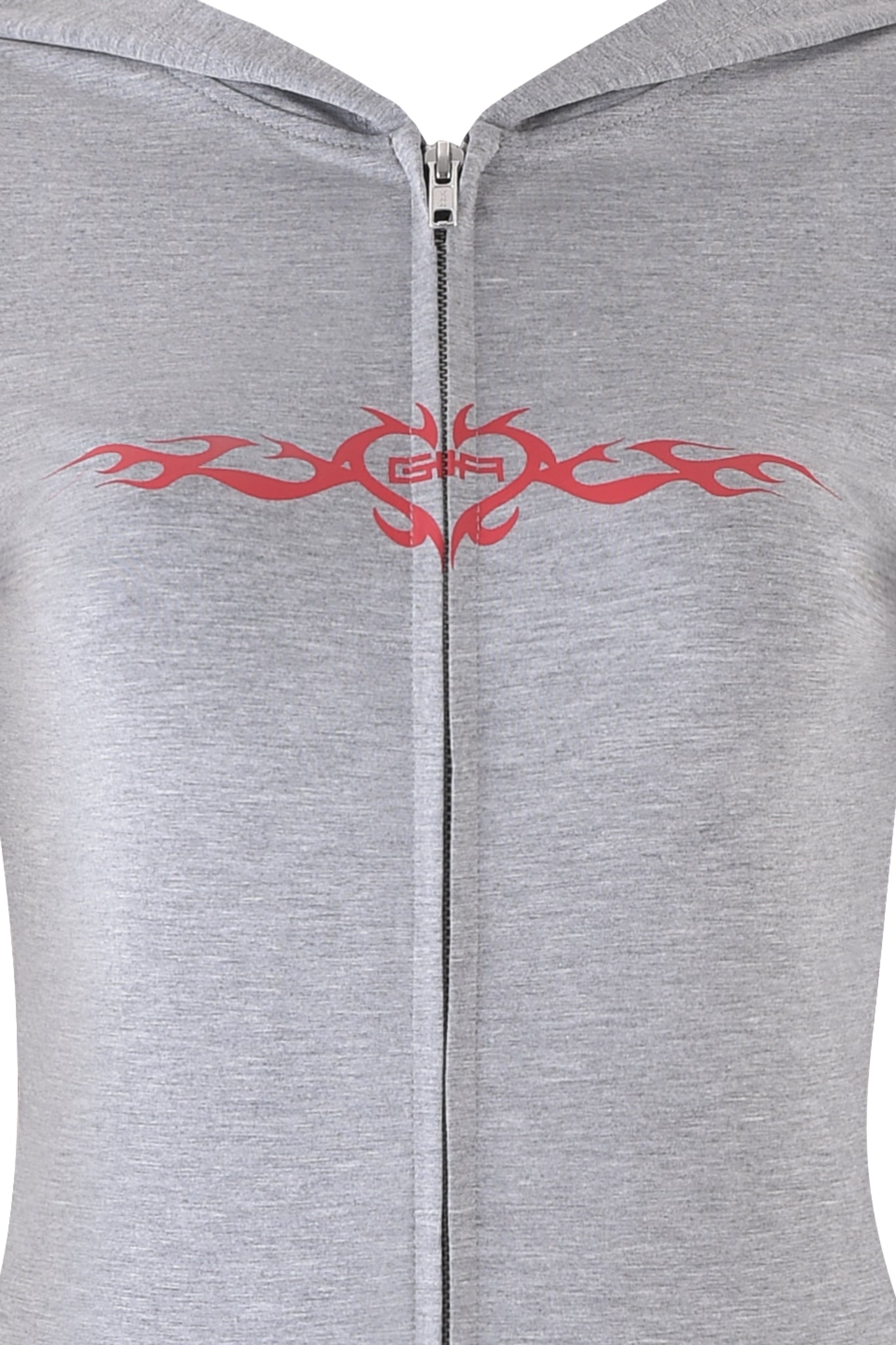 The Blare Hoodie in Dove Grey from I.AM.GIA features a stylish bodycon fit, highlighted by a striking red GIA Flame design on the chest.