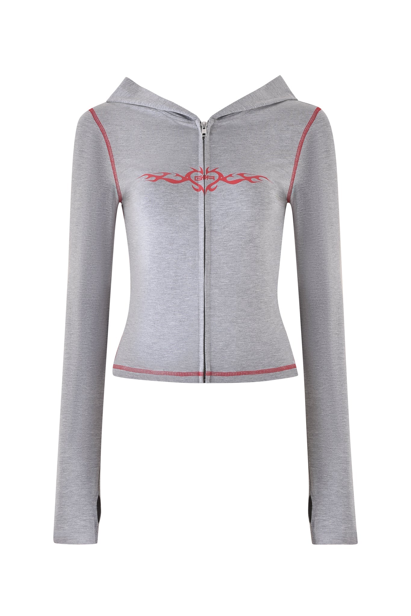 Introducing the BLARE HOODIE in dove grey by I.AM.GIA, showcasing a bold red tribal design on the chest and stylish red trim. This fitted, long-sleeve hoodie features the GIA Flame logo and is elegantly displayed against a plain white background.