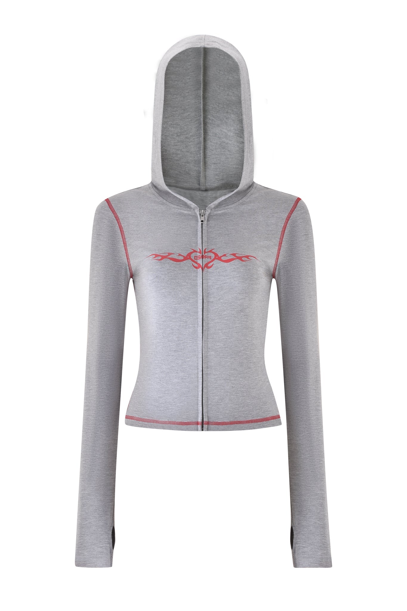 The I.AM.GIA Blare Hoodie in dove grey features a red tribal chest design, extended hood, long sleeves with thumb holes, and fitted waist. Decorated with the GIA Flame logo, it stands out elegantly on a white background.