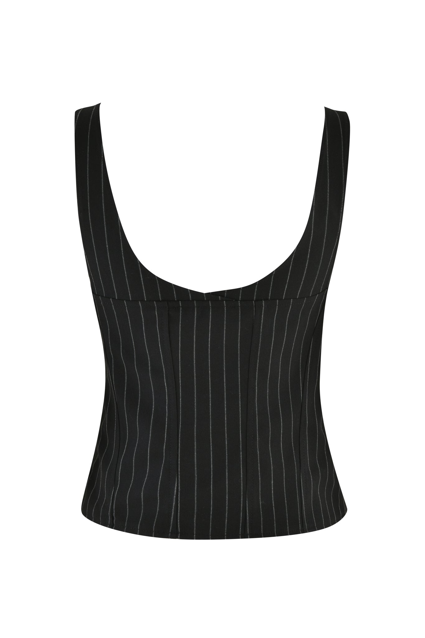 The MARRION CORSET - BLACK by I.AM.GIA sports a scoop neckline and sleeveless design. Its tailored under-bust style is accentuated by classic black pinstripes with vertical white stripes.