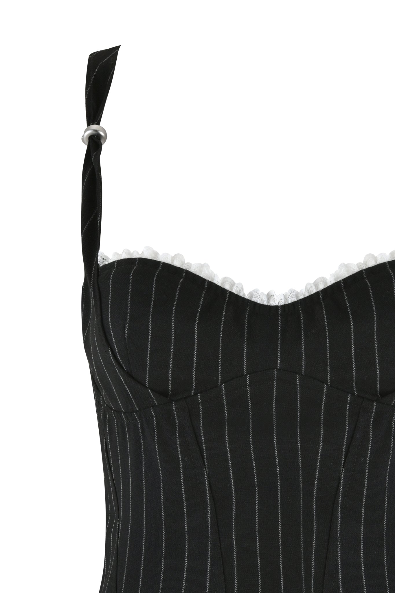 The MARRION CORSET - BLACK by I.AM.GIA features a structured under-bust design in a black pinstripe colorway, highlighted by white trim and thin vertical stripes.