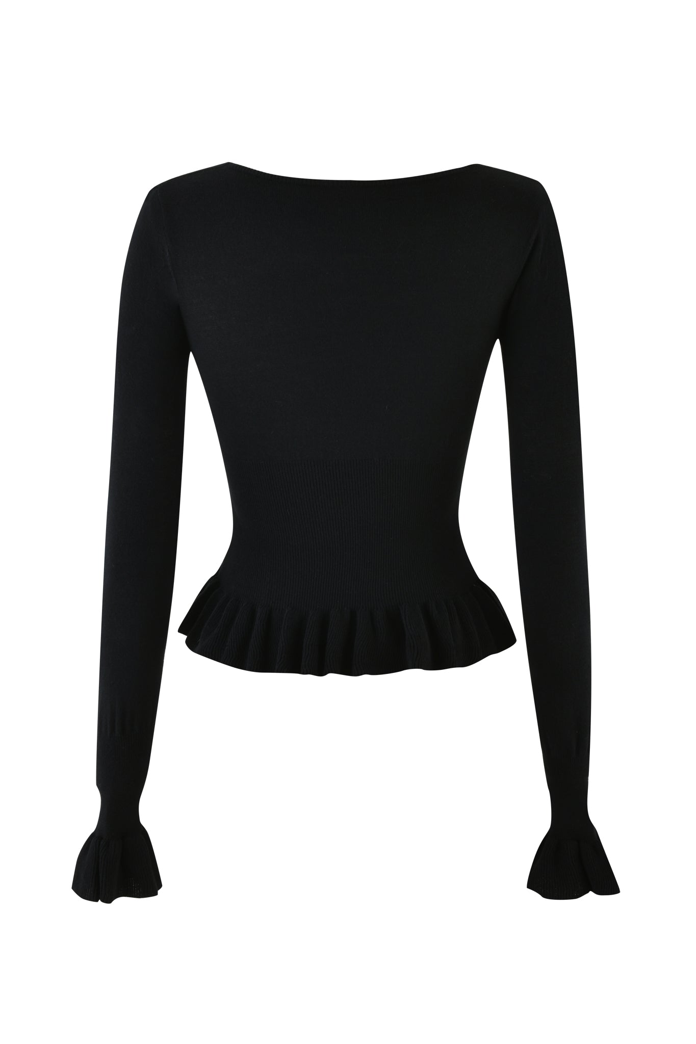 The RAVEN TOP by I.AM.GIA, featuring a black long-sleeve design with V neckline, ruffled peplum hem, and ruffled cuffs, is displayed against a white background.