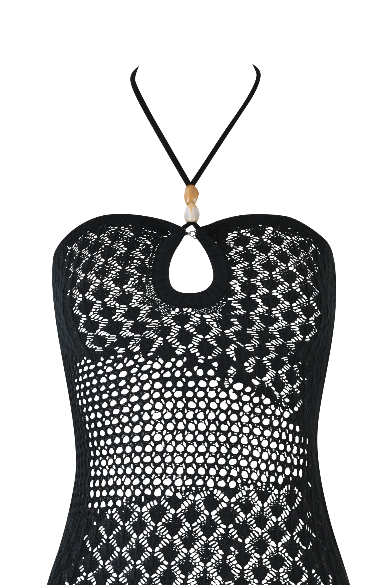 The CORALIE MINI DRESS by I.AM.GIA is a black crochet mini dress with a keyhole neckline, wooden bead detail at the center, and intricate open-weave patterns for a sheer look, shown against a white background.