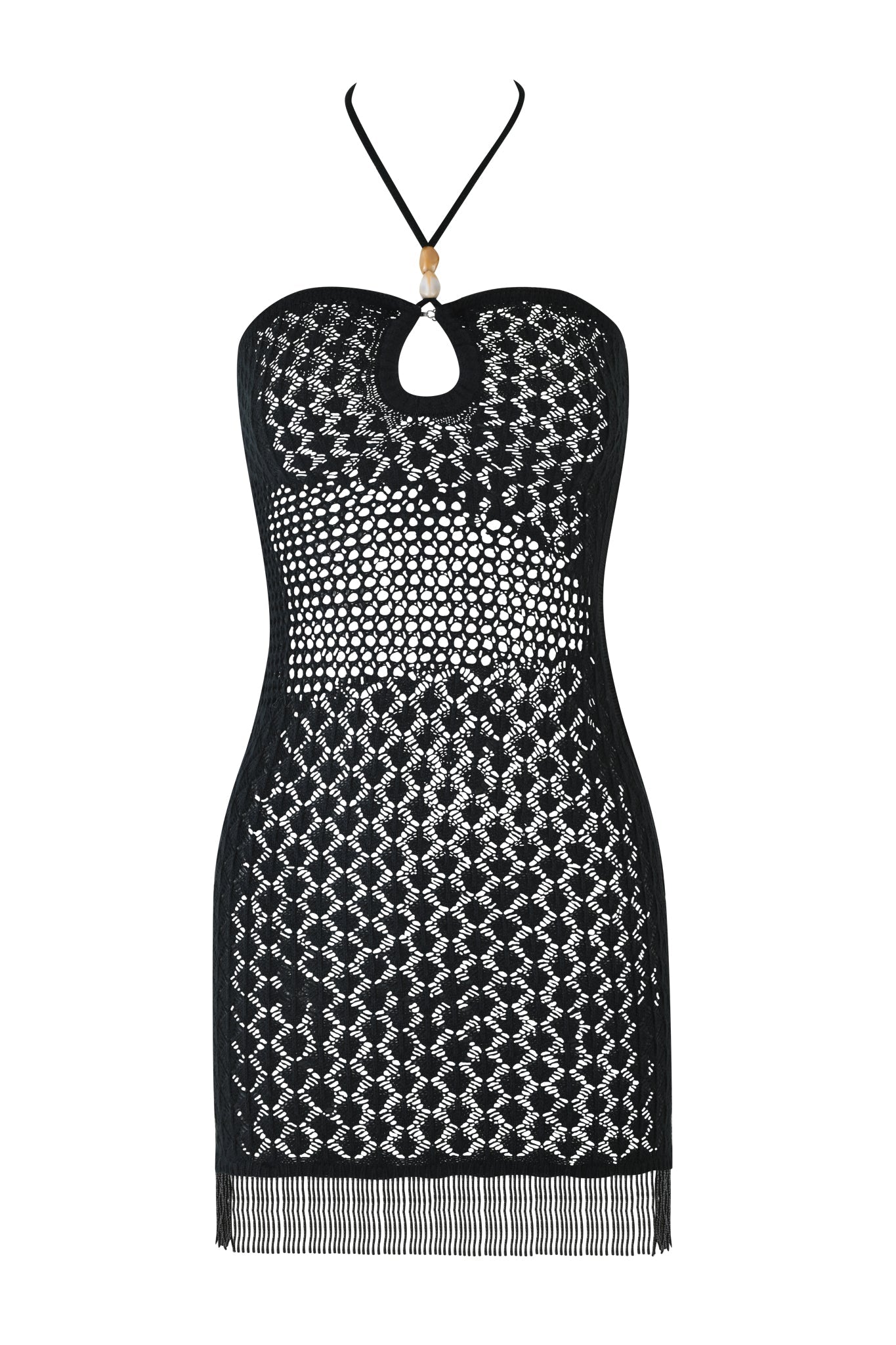 The CORALIE MINI DRESS - BLACK by I.AM.GIA is a sleeveless, body-con crochet mini dress with a halter neck, chest keyhole cutout, gold neckline accent, geometric mesh pattern, sheer details, and a fringe hem.