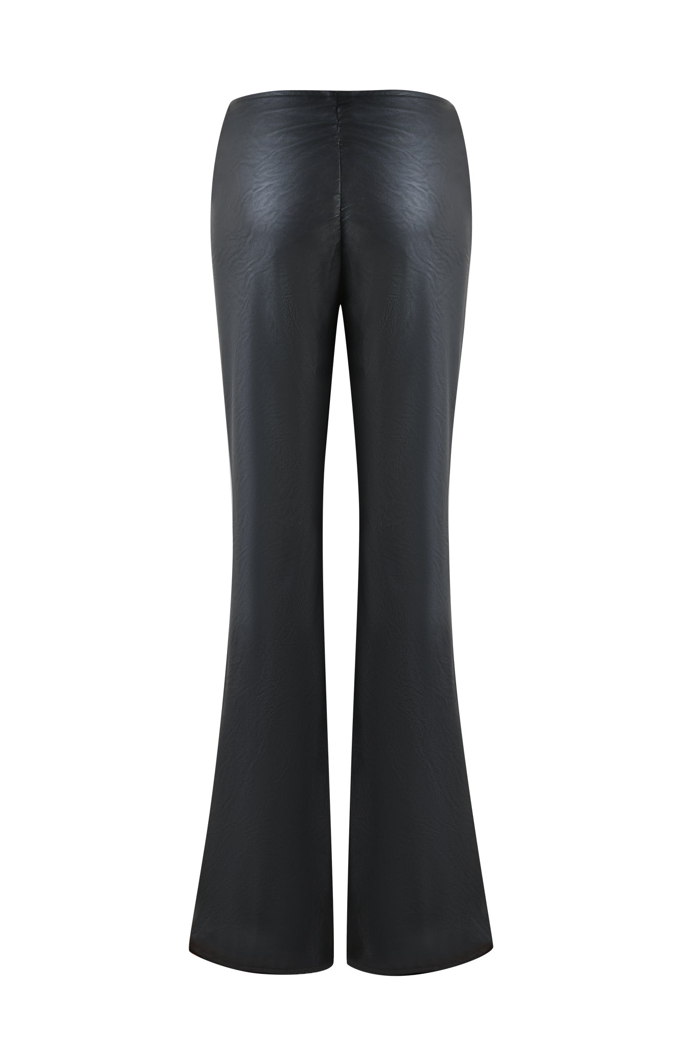 The NEAVAH PU PANT - BLACK by I.AM.GIA features a smooth faux leather texture and flared bell-bottom silhouette. The stylish V-shaped waistband adds an extra touch of flair when viewed from the back.