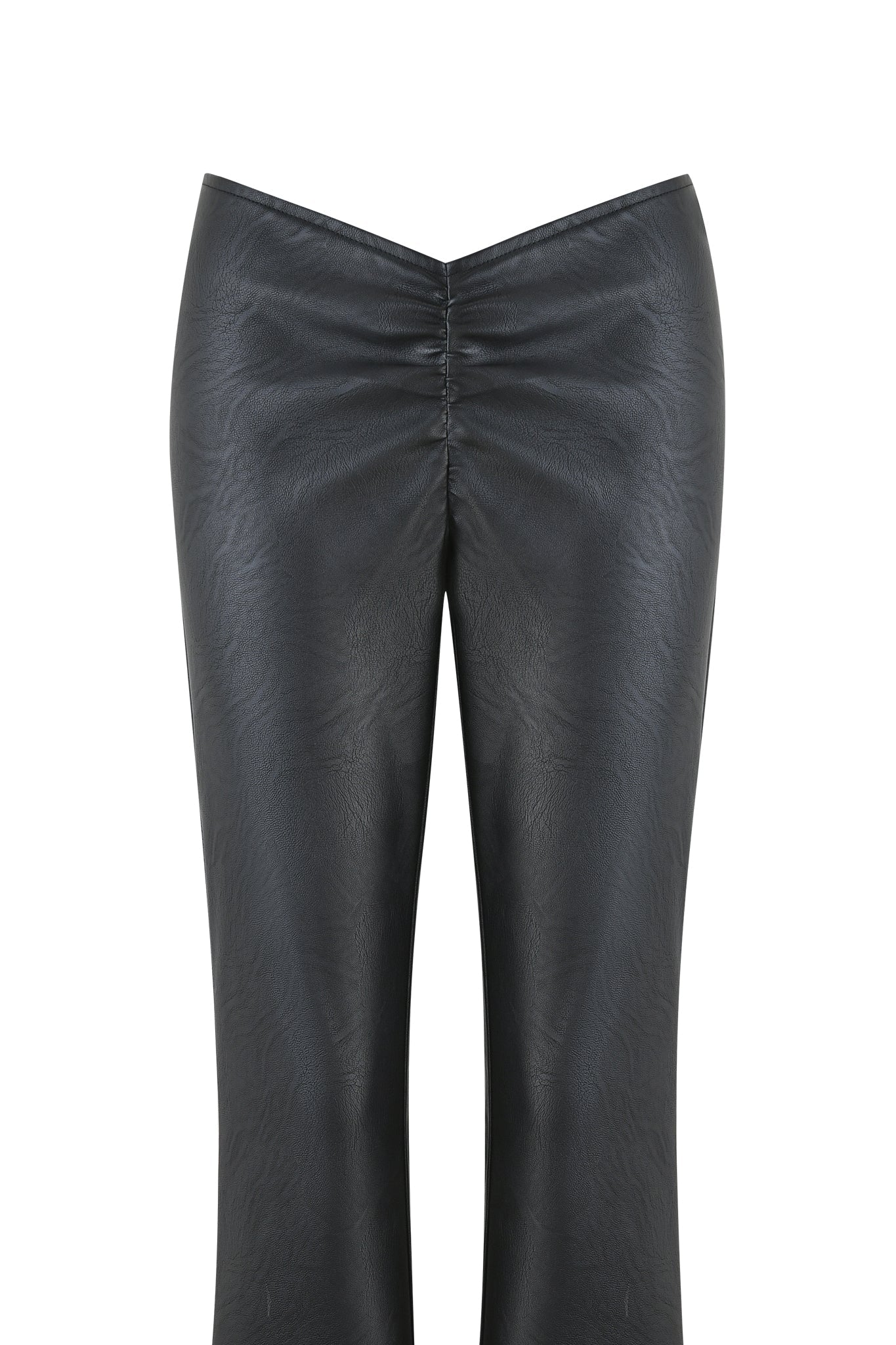The NEAVAH PU PANT - BLACK by I.AM.GIA features high-waisted, black faux leather fabric with a V-shaped waistband and tapered legs. It boasts gathered detail at the center front, set on a white background.
