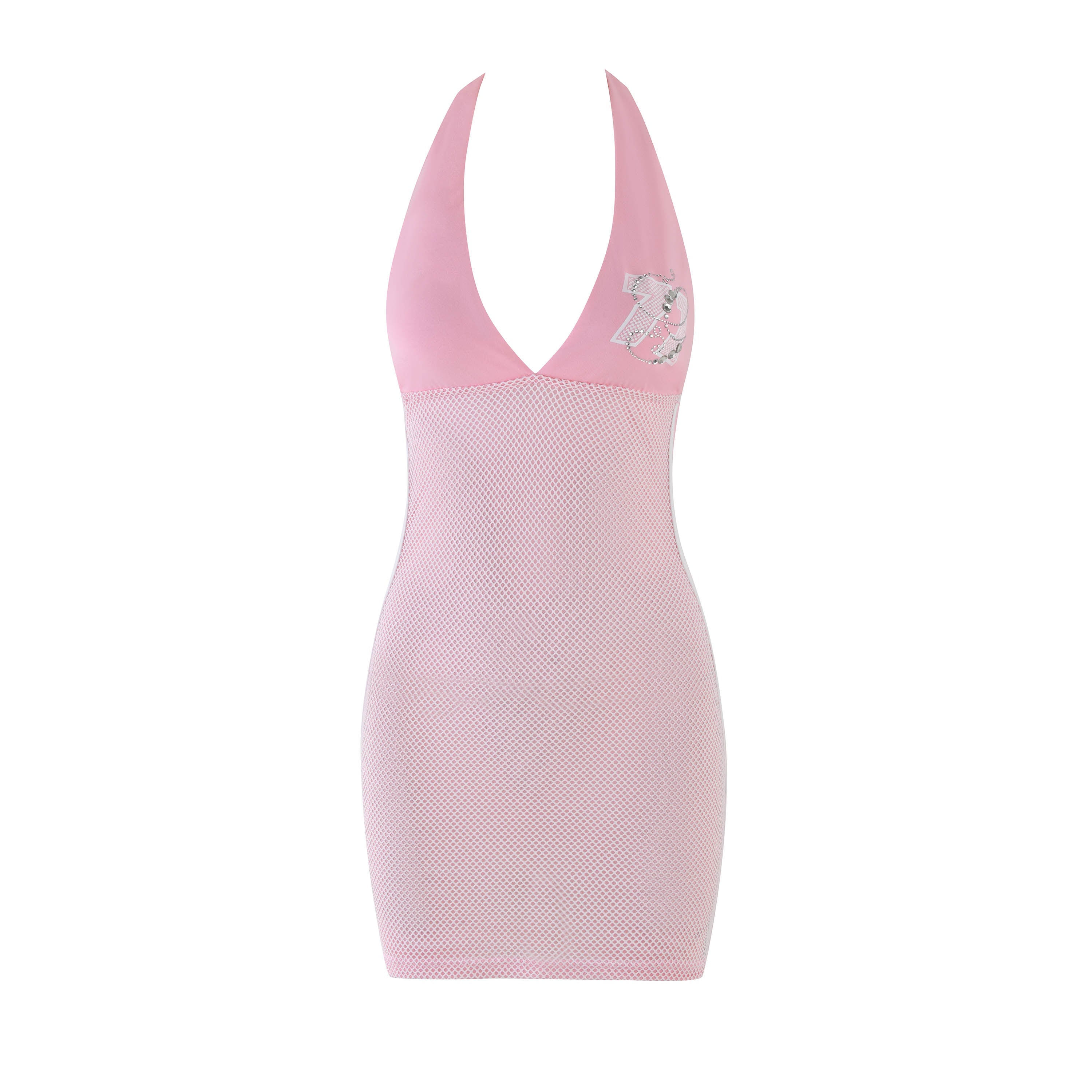 The CHANDLER MINI DRESS by I.AM.GIA is a pink sleeveless halter dress with a deep V-neck and bodycon silhouette. The solid pink top features an I.AM.GIA print, while the lower part has a mesh texture, offering a form-fitting look with a sporty yet elegant vibe.