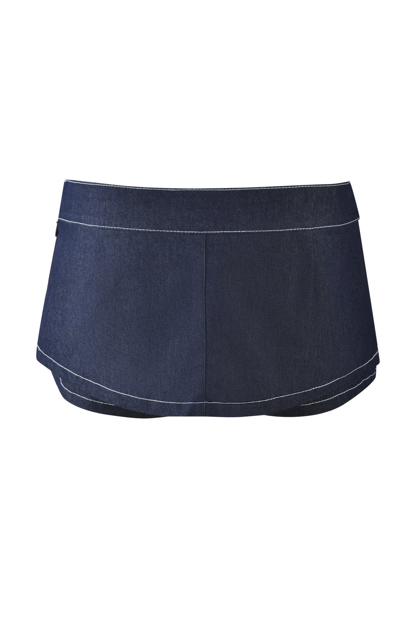 The MARRION DENIM SKORT by I.AM.GIA is made from dark blue denim with a minimal design, contrasting white stitching, and a gently curved hem for added flair.