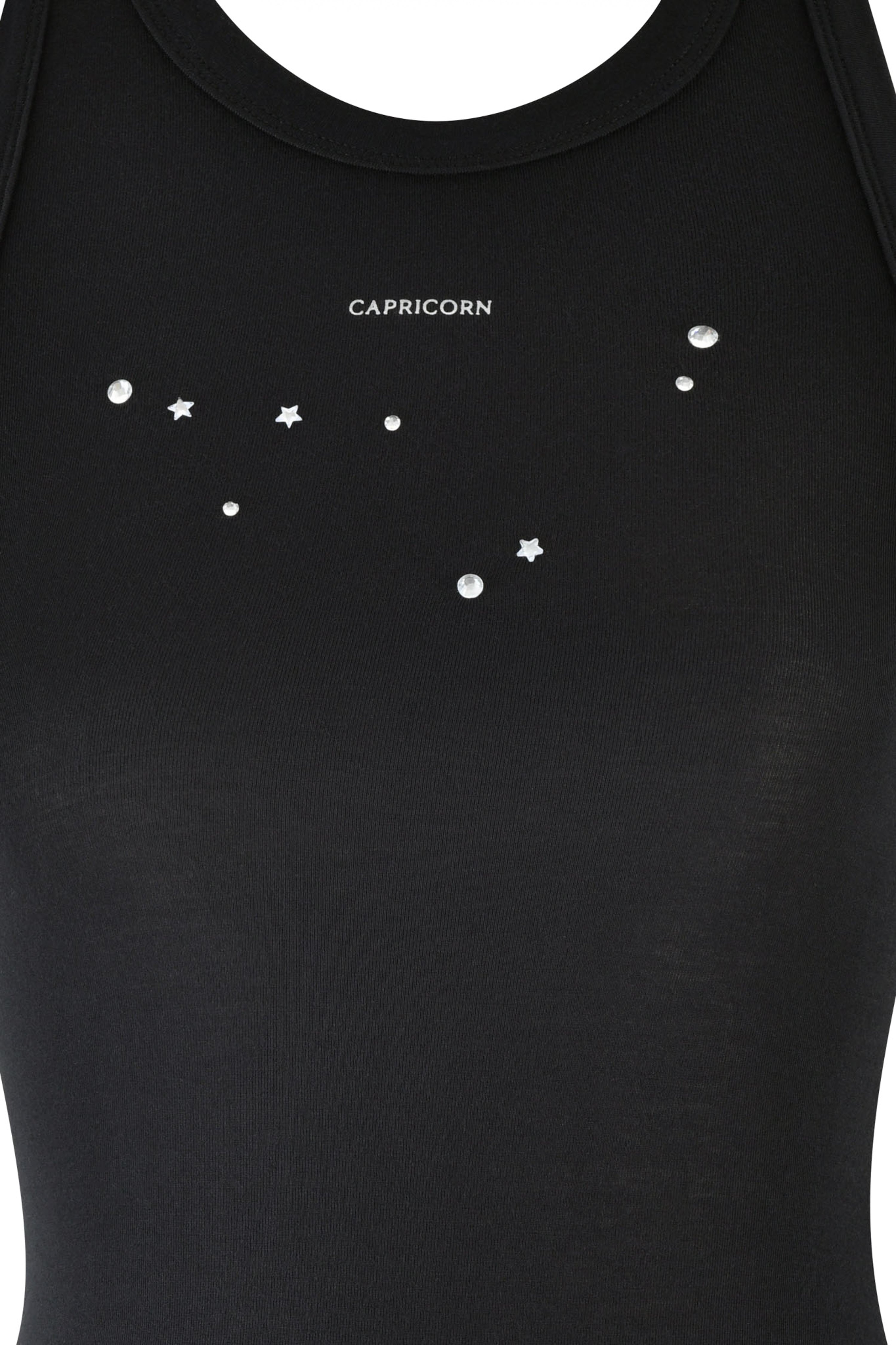 The CAPRICORN ZODIAC TANK - BLACK by I.AM.GIA is a bodycon fit featuring small rhinestones forming a stunning Capricorn constellation, with "Capricorn" elegantly printed above.