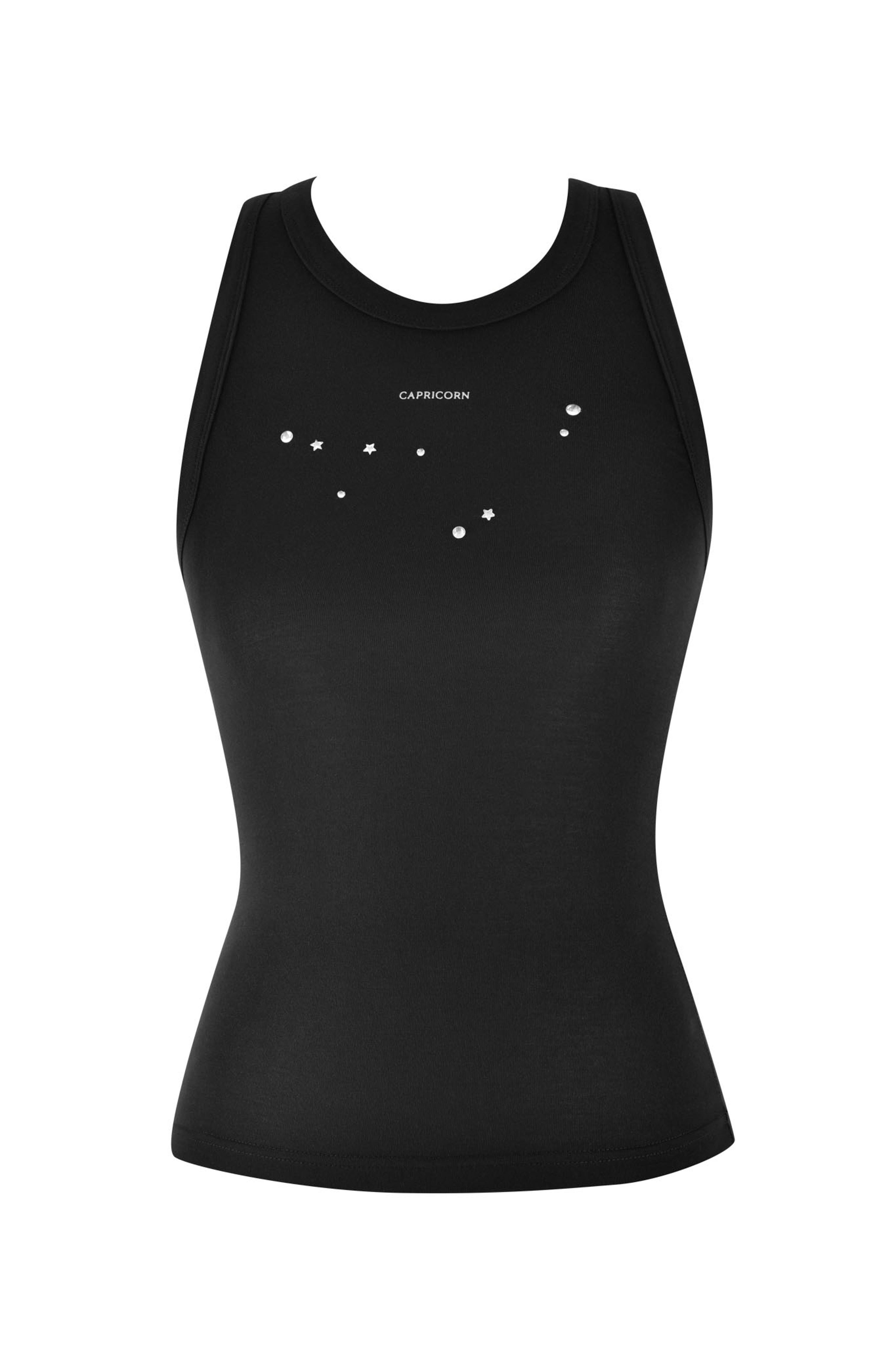 The CAPRICORN ZODIAC TANK - BLACK by I.AM.GIA is a black sleeveless bodycon tank made of soft bamboo fabric, adorned with a subtle white Capricorn constellation graphic on the front.