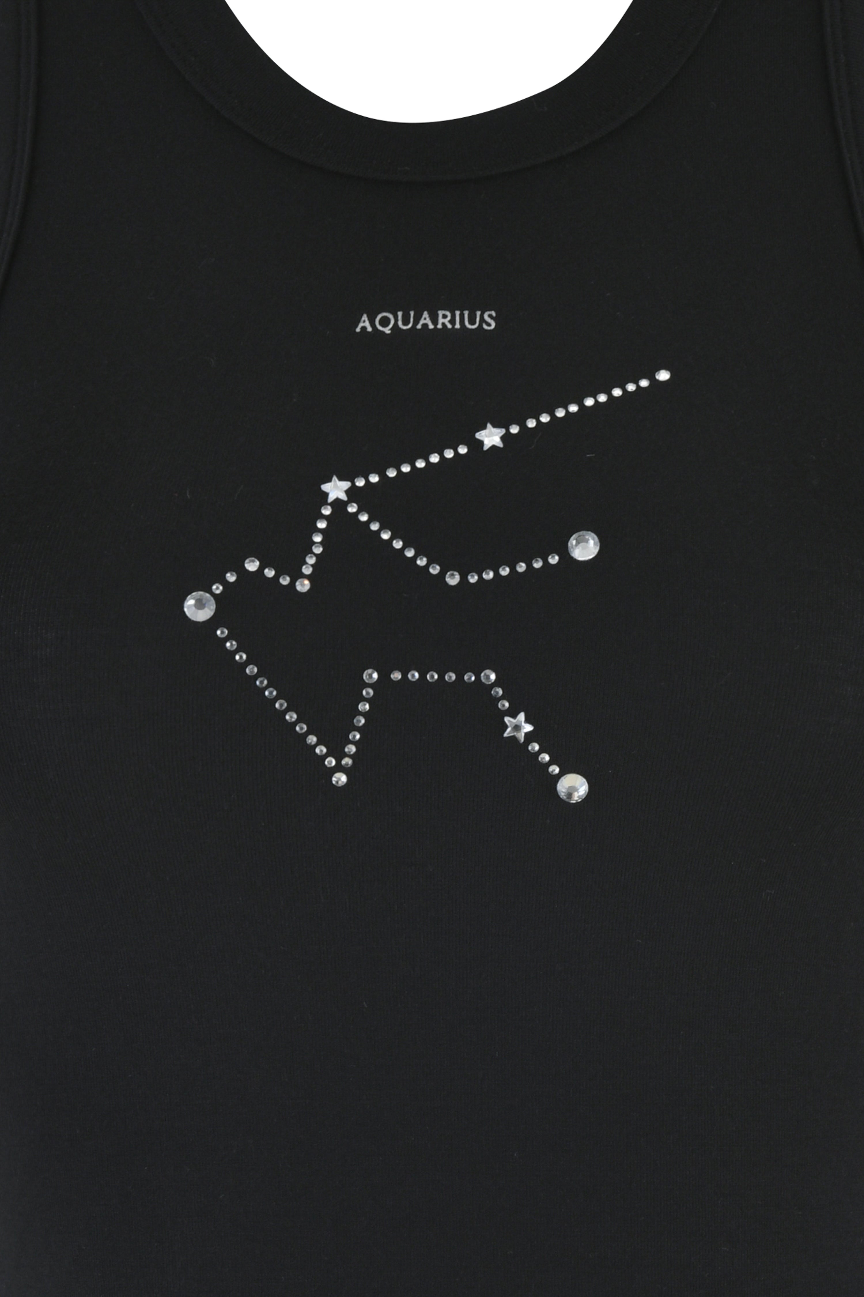 The AQUARIUS ZODIAC TANK - BLACK by I.AM.GIA is a bamboo bodycon tank featuring "Aquarius" and the Aquarius constellation crafted from shimmering studs and rhinestones.