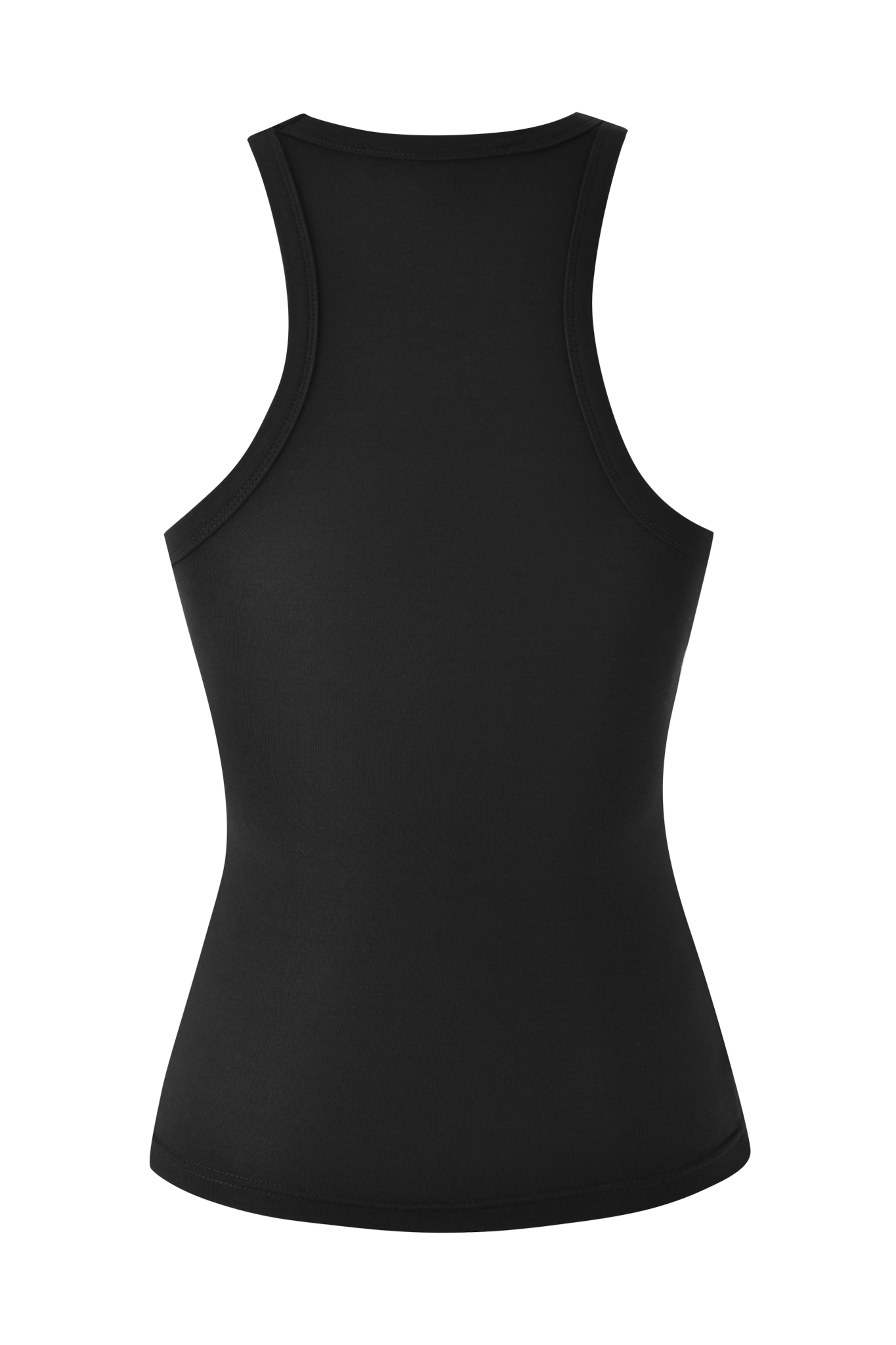 The image displays the PISCES ZODIAC TANK - BLACK by I.AM.GIA, featuring a racerback design and a bodycon fit for a sleek, minimalist look.