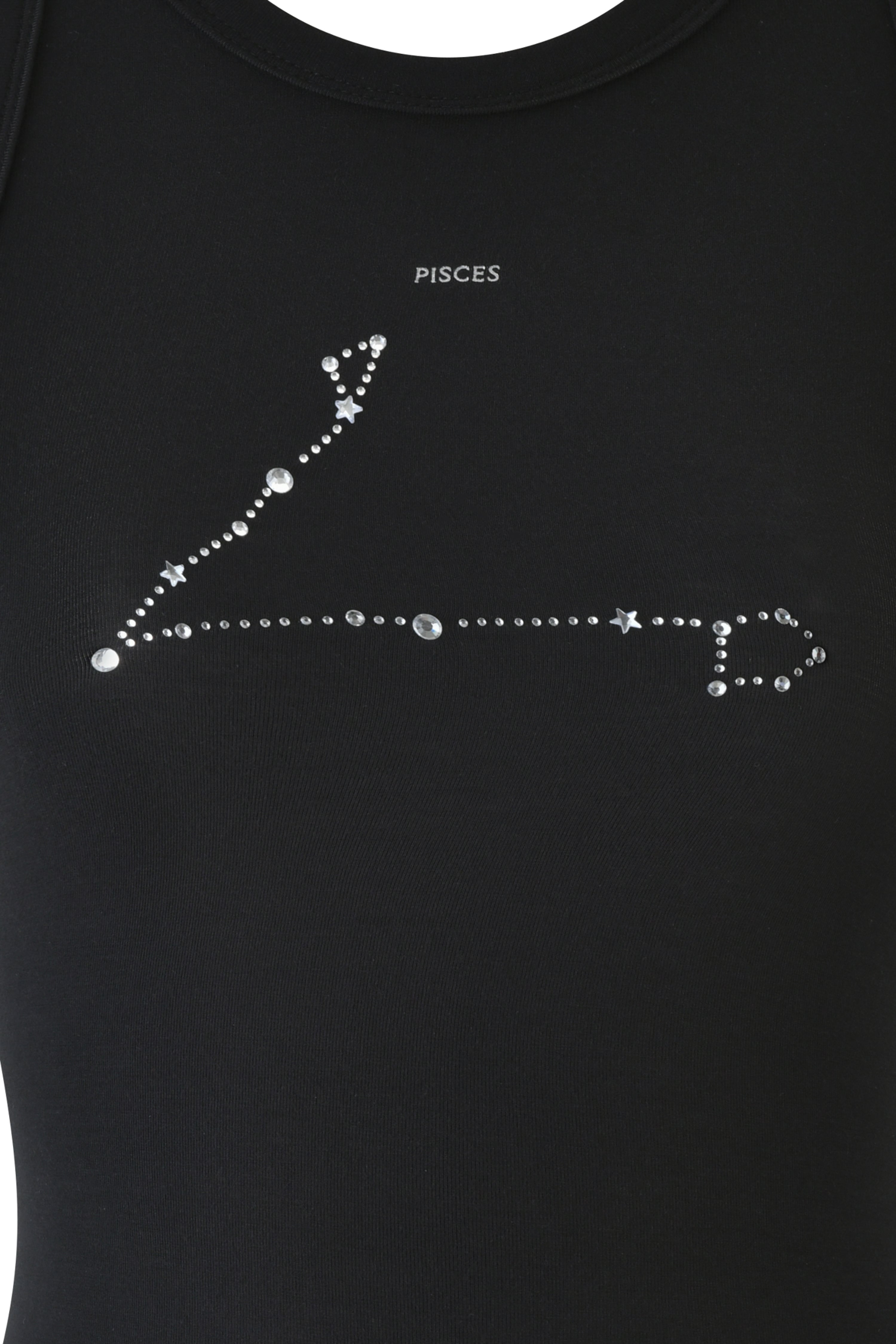 The I.AM.GIA PISCES ZODIAC TANK in black showcases a bodycon fit with the Pisces constellation in diamante graphic rhinestones and the word "Pisces" elegantly printed above.