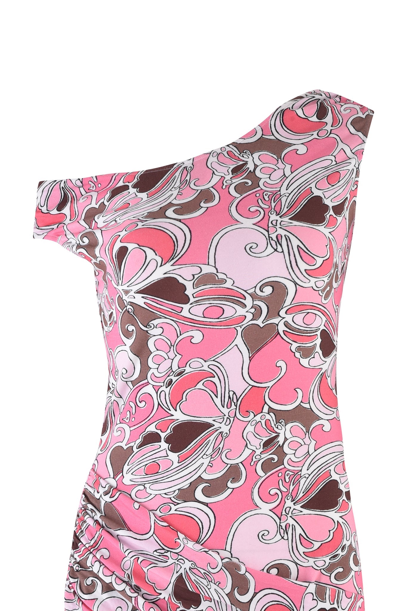 The CORRINE MINI DRESS by I.AM.GIA features a one-shoulder design with a pink, brown, and white abstract floral pattern. Its bodycon fit enhances the silhouette while swirling and looping designs offer a dynamic flair.