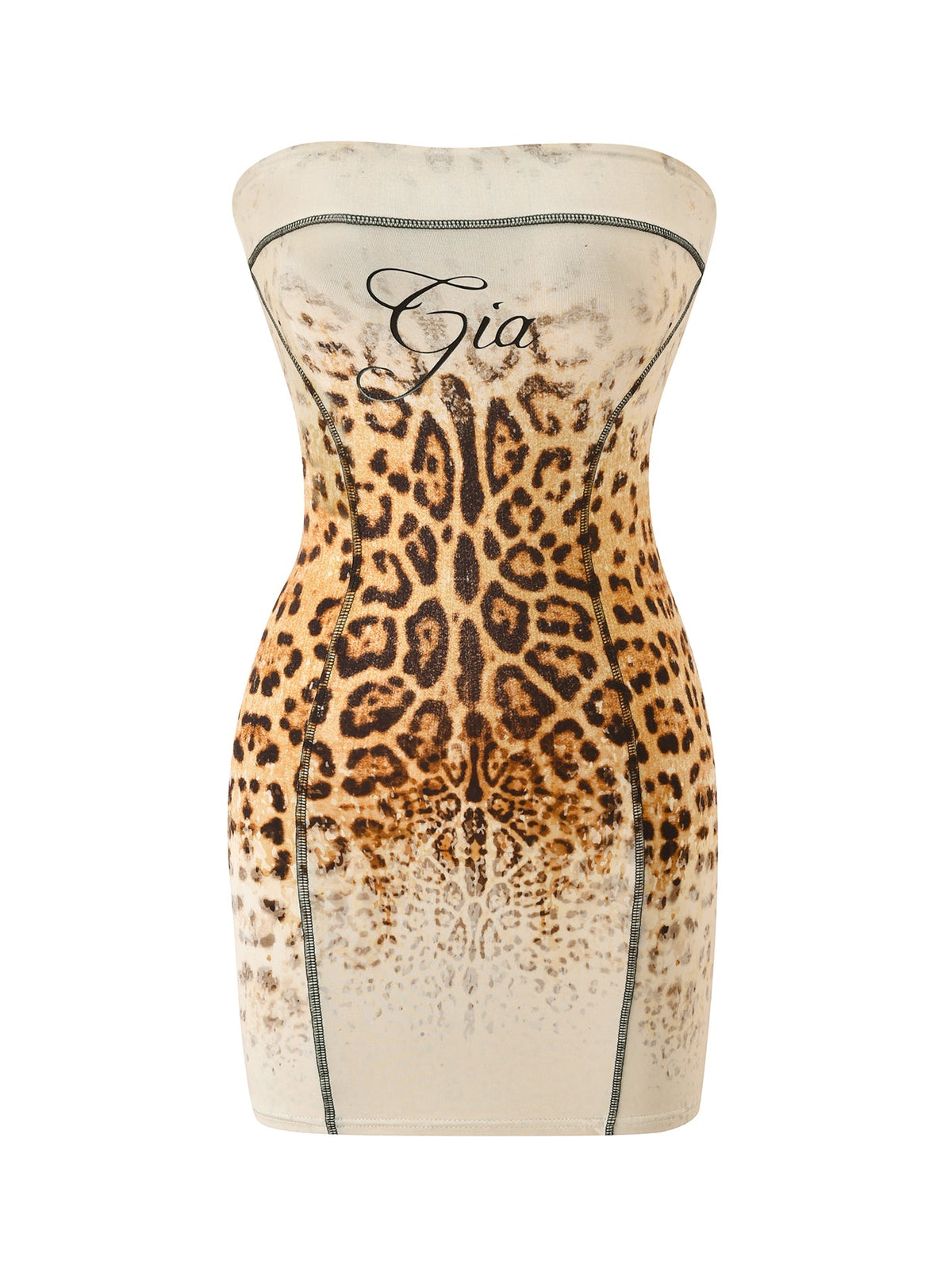 Introducing the BLARE TUBE MINI DRESS - CREAM FADED PANTHERA by I.AM.GIA, a strapless, bodycon mini dress featuring a cream and brown panther-inspired print, with “Gia” elegantly scripted on the chest.