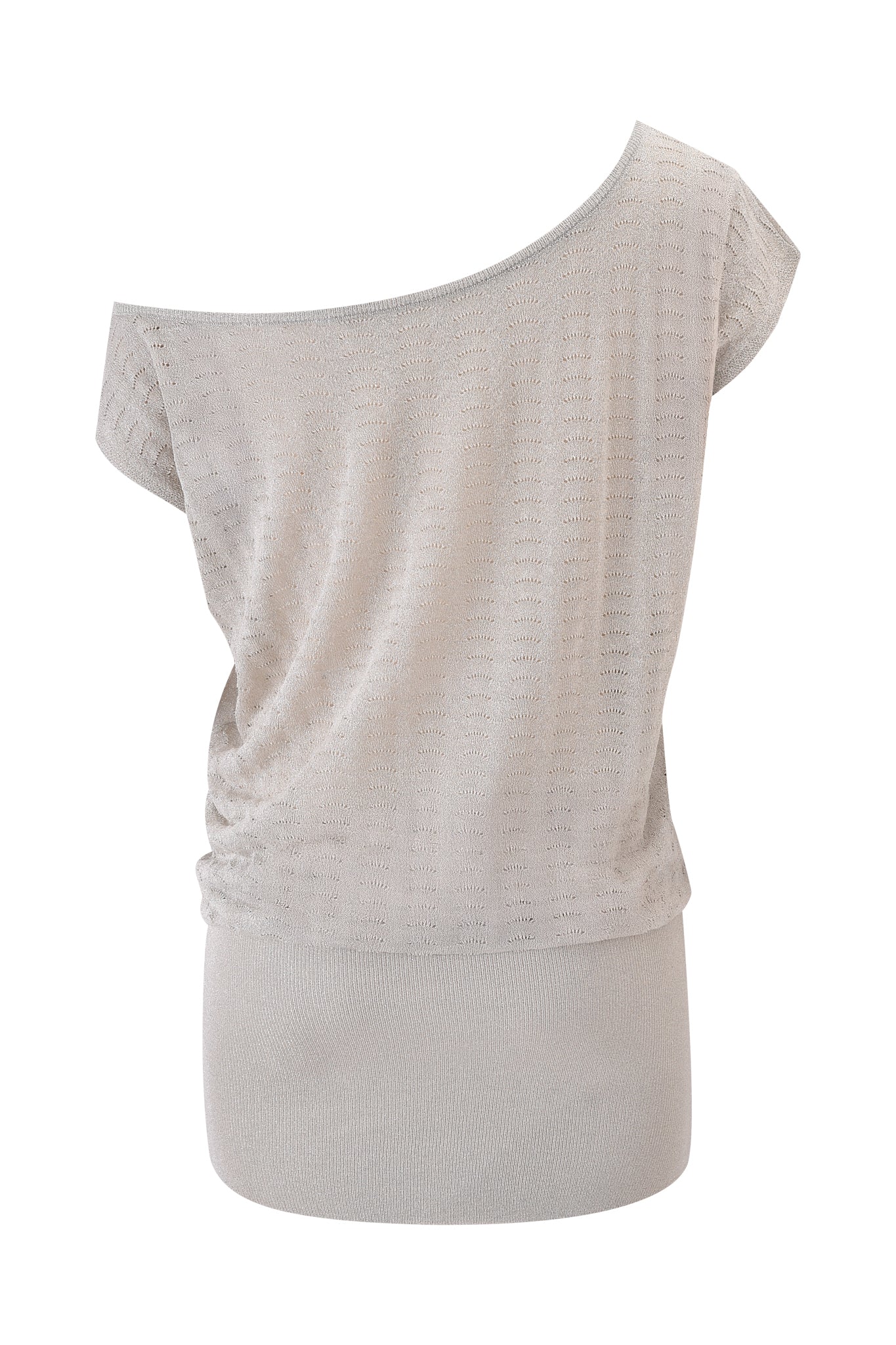 The XOLA MINI DRESS - SILVER by I.AM.GIA features short sleeves, a wide off-the-shoulder neckline, and a fitted ribbed hem. Its textured knit fabric has subtle perforations, offering chic style. Shown on a plain white background.