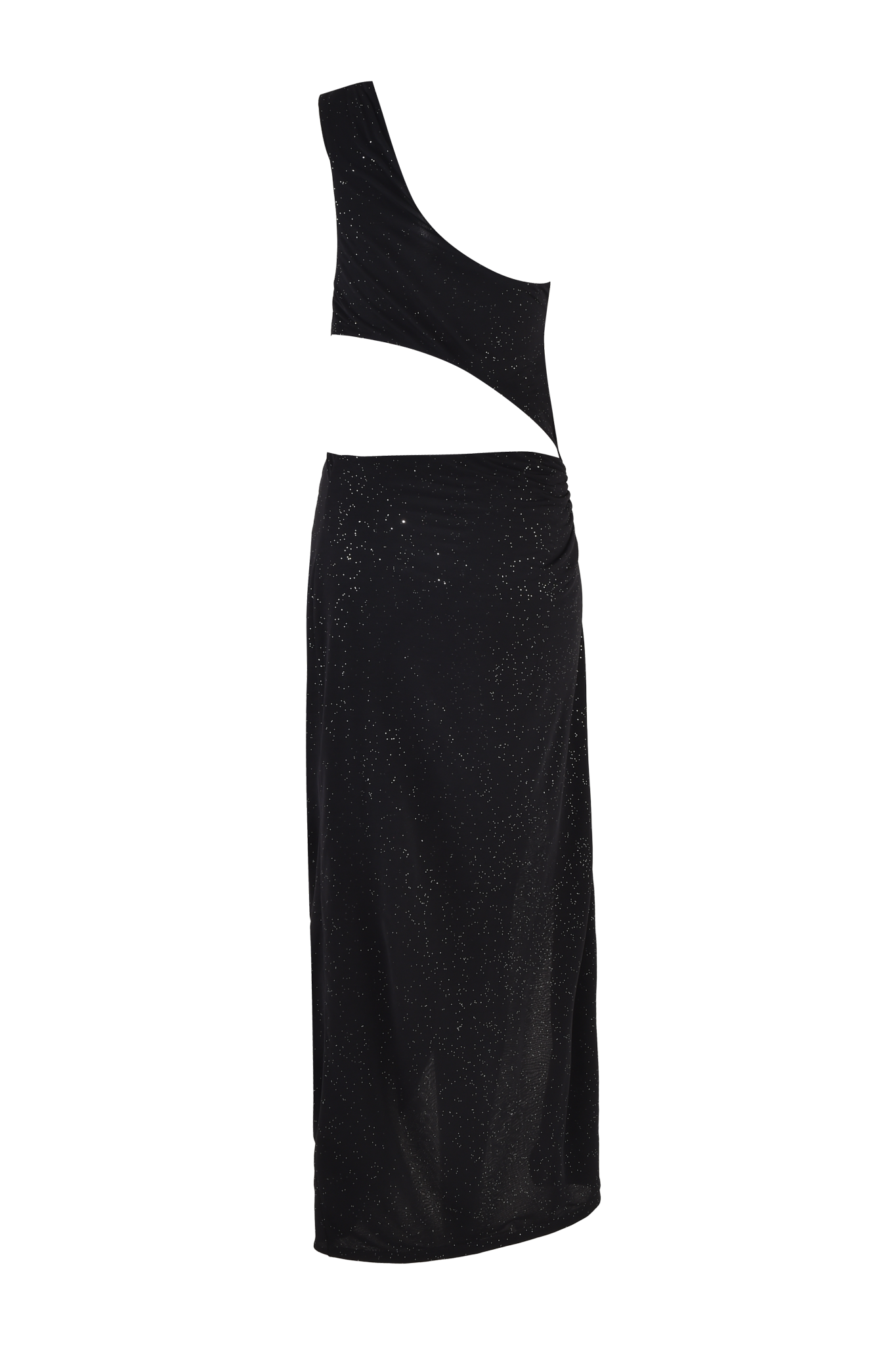 The ALIX MAXI DRESS - BLACK by I.AM.GIA is a black, asymmetrical one-shoulder dress with silver sparkles, waist cutouts, and a fitted silhouette for subtle glamour.