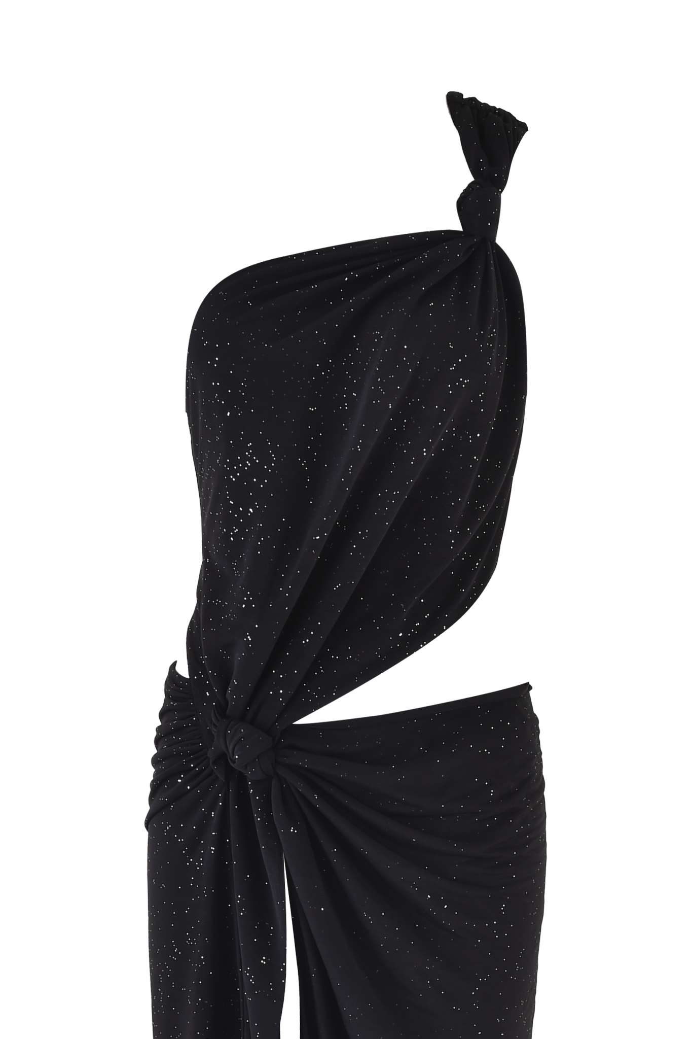 A close-up of the ALIX MAXI DRESS by I.AM.GIA in black, featuring white speckles, a one-shoulder knotted design at the shoulder and waist, and elegant asymmetrical draping.