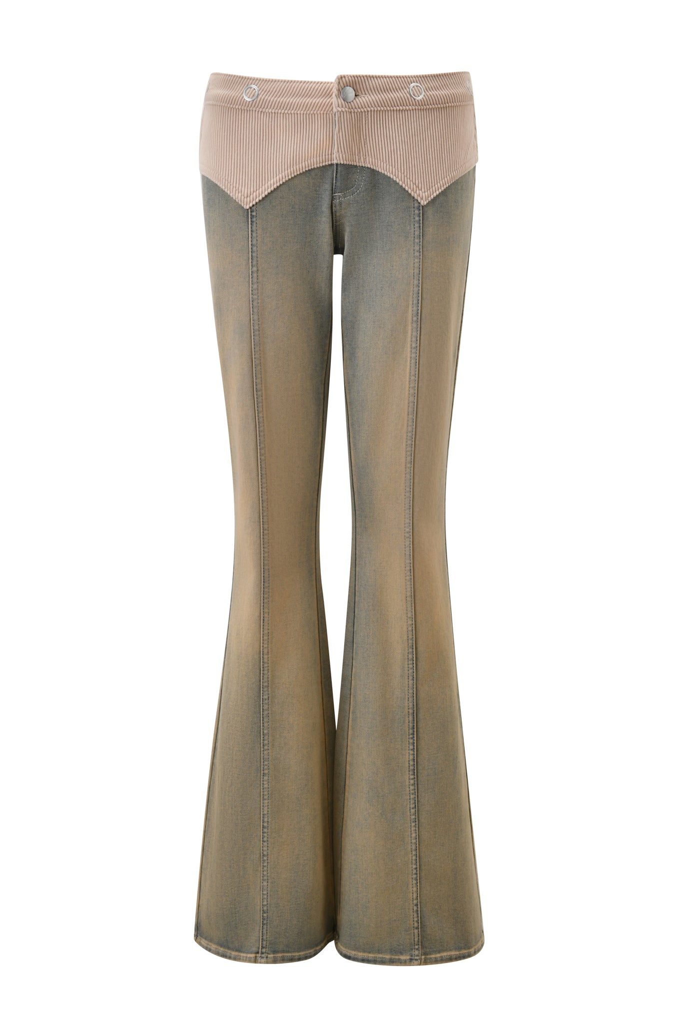 The I.AM.GIA TOMMIE JEAN - ANTIQUE DENIM features high-waisted, flared denim legs with a faded brownish wash and a light beige corduroy waistband and front yoke, finished with two signature buttons at the top.