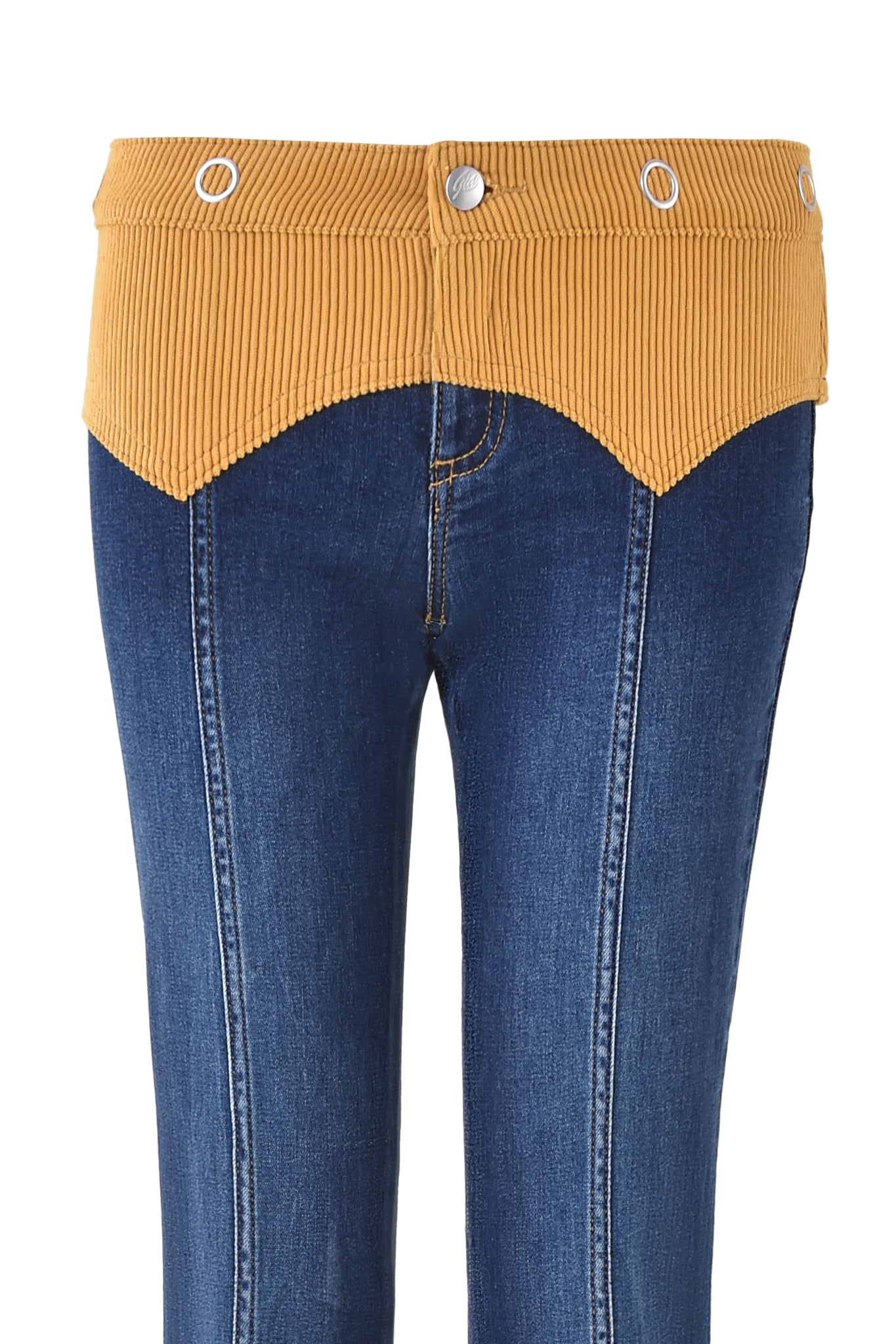 The TOMMIE JEAN - DARK WASH by I.AM.GIA features blue denim flared pants with a distinctive high waist, a tan corduroy waistband with snap buttons, and an angular top cut.