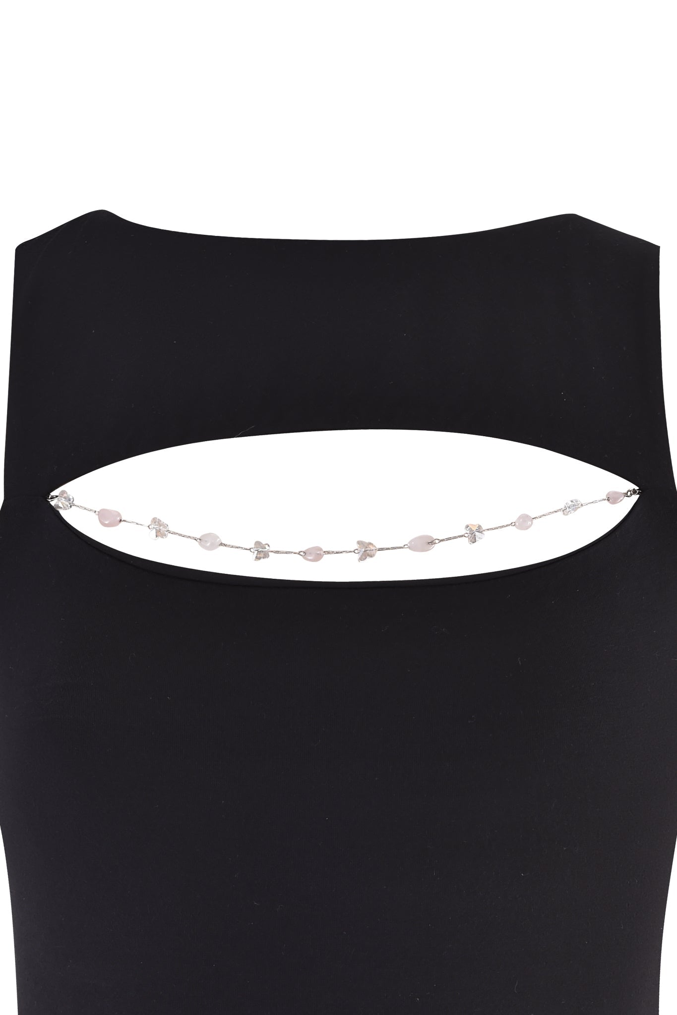 A close-up of the NOVENA TOP - BLACK by I.AM.GIA shows the back's horizontal cut-out, connected by a delicate chain of pink and clear beads.
