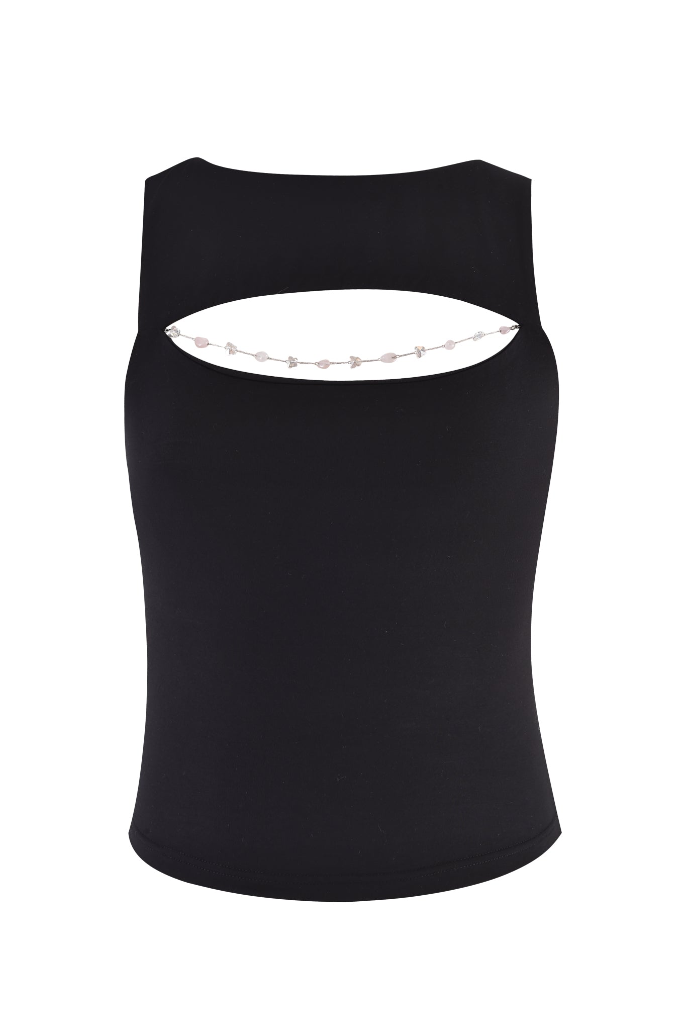 The NOVENA TOP - BLACK by I.AM.GIA is a sleeveless bamboo jersey crop top with a horizontal cutout and light beaded detail below the neckline, shown against a white background.