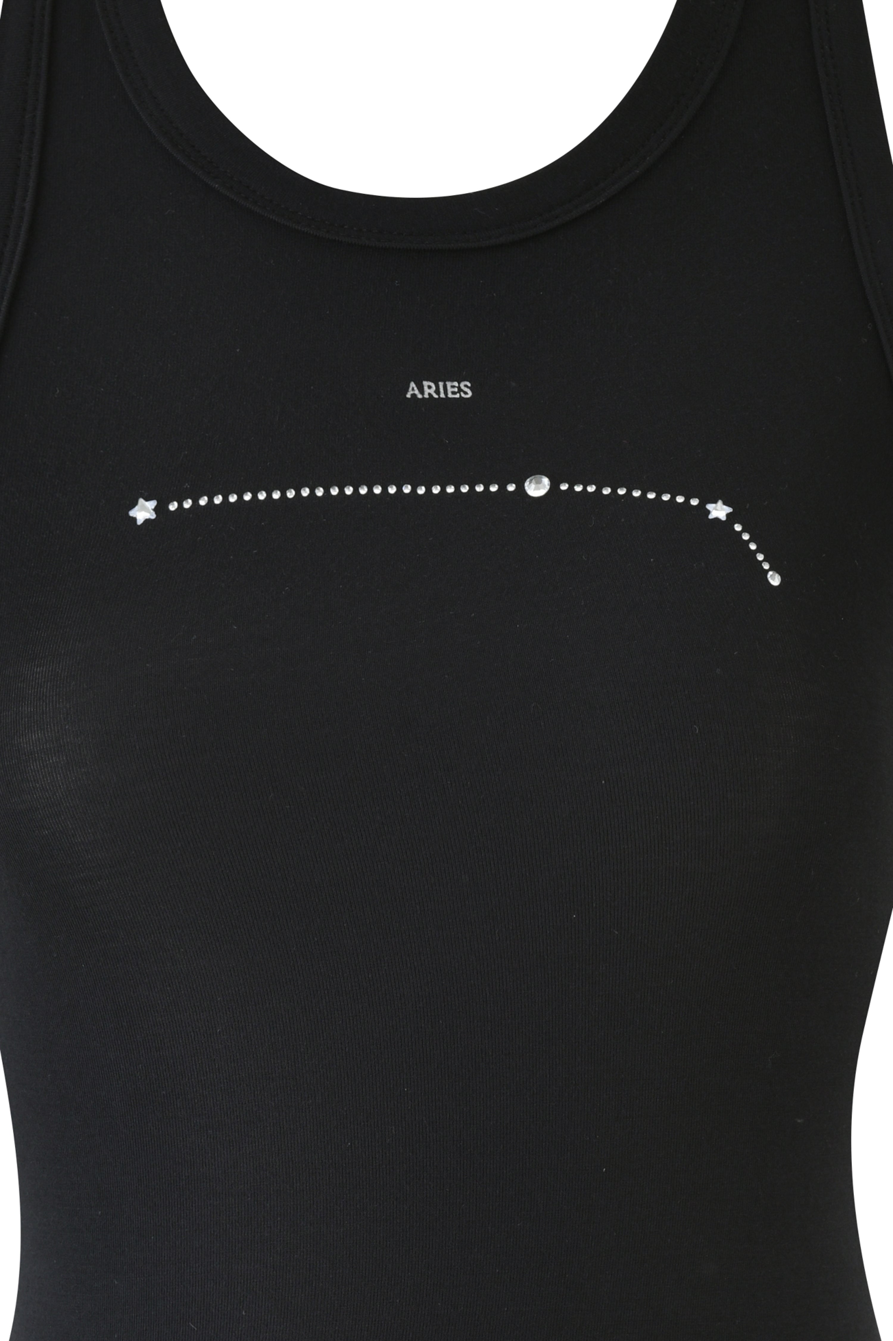 The ARIES ZODIAC TANK - BLACK by I.AM.GIA features "Aries" above a dotted line creating a stunning Aries constellation pattern, with a small star symbol sparkling at each end, enhancing the celestial theme.