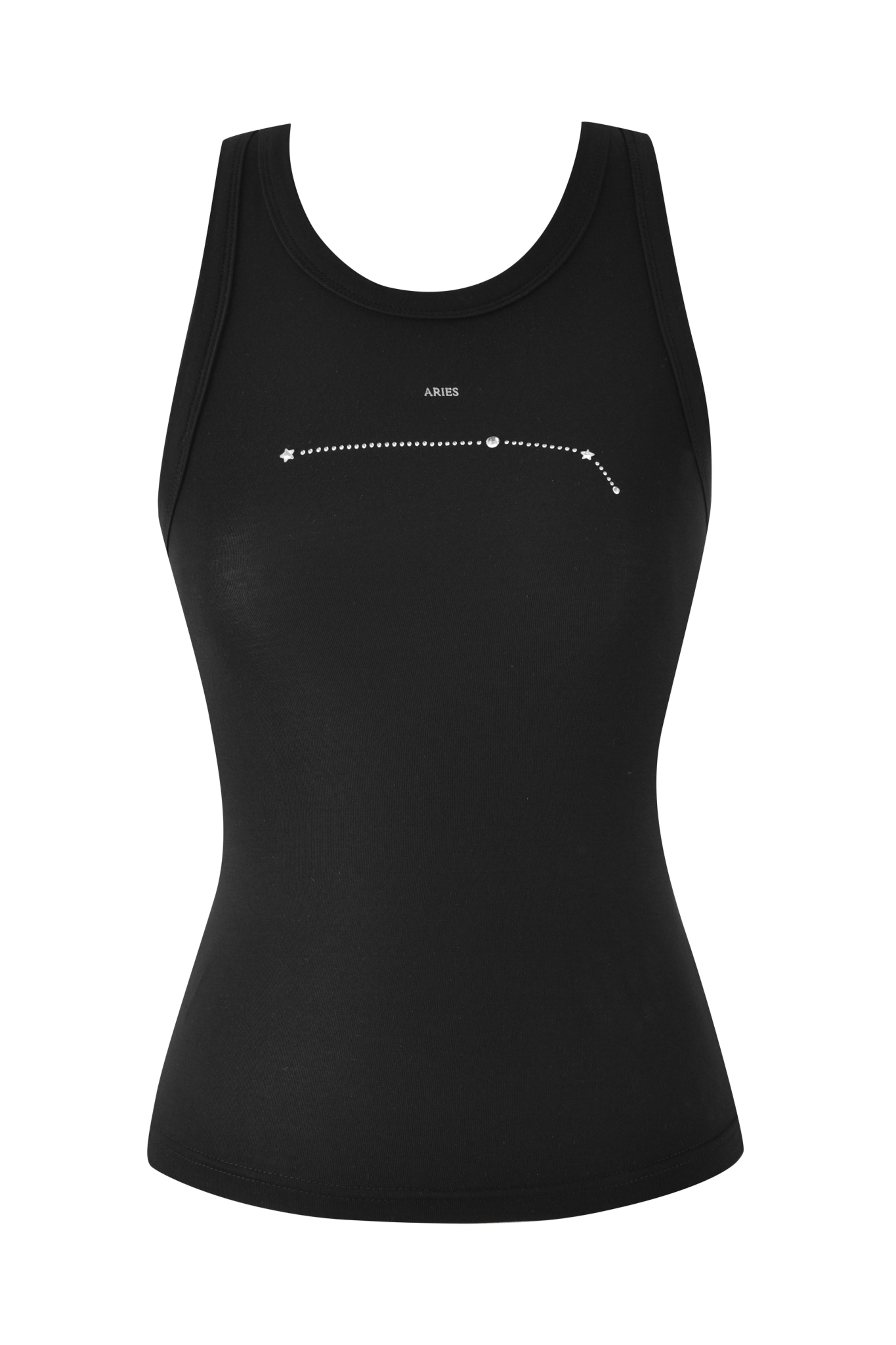 The I.AM.GIA ARIES ZODIAC TANK - BLACK is a sleeveless bamboo top with the Aries constellation in white across the chest, complemented by the "Aries" text above for a modern look.