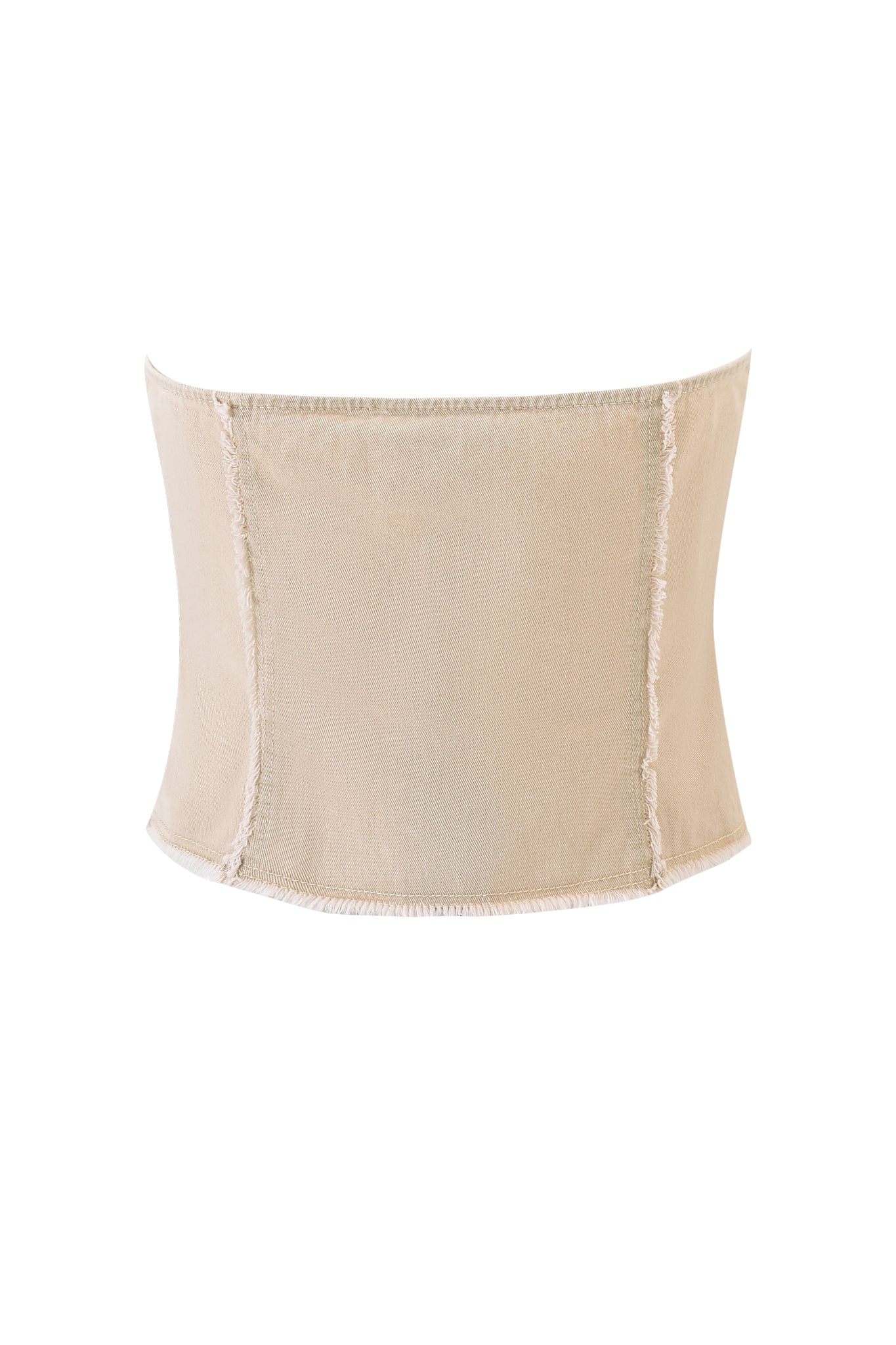 The MASON CORSET - TAN by I.AM.GIA features a tailored canvas design with visible seams and raw, frayed edges, shown strapless against a white background.
