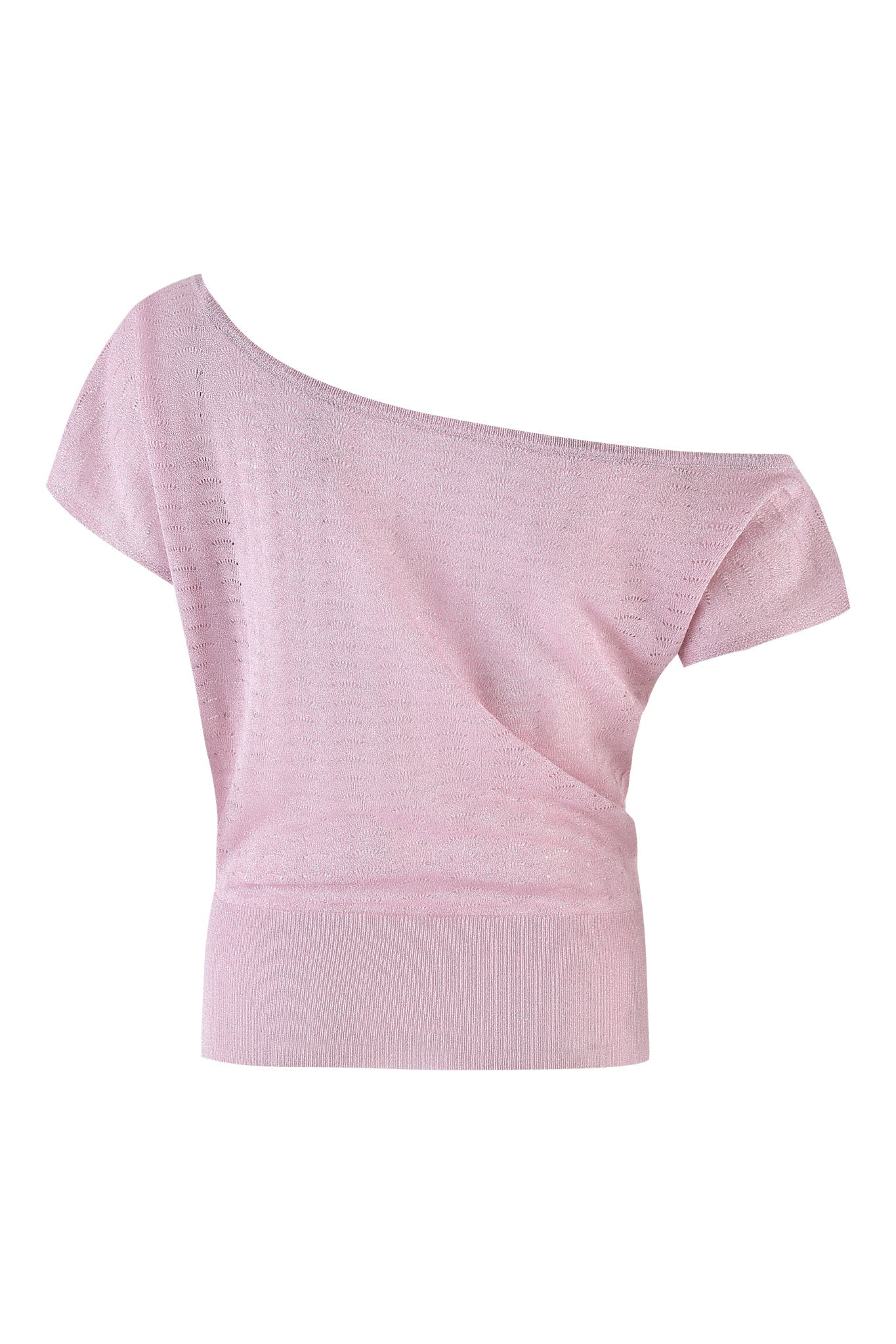 The GIGI TOP - PINK by I.AM.GIA is a light pink, short-sleeved pointelle knit top with an asymmetric off-the-shoulder neckline and wide ribbed waistband, shown against a white background.