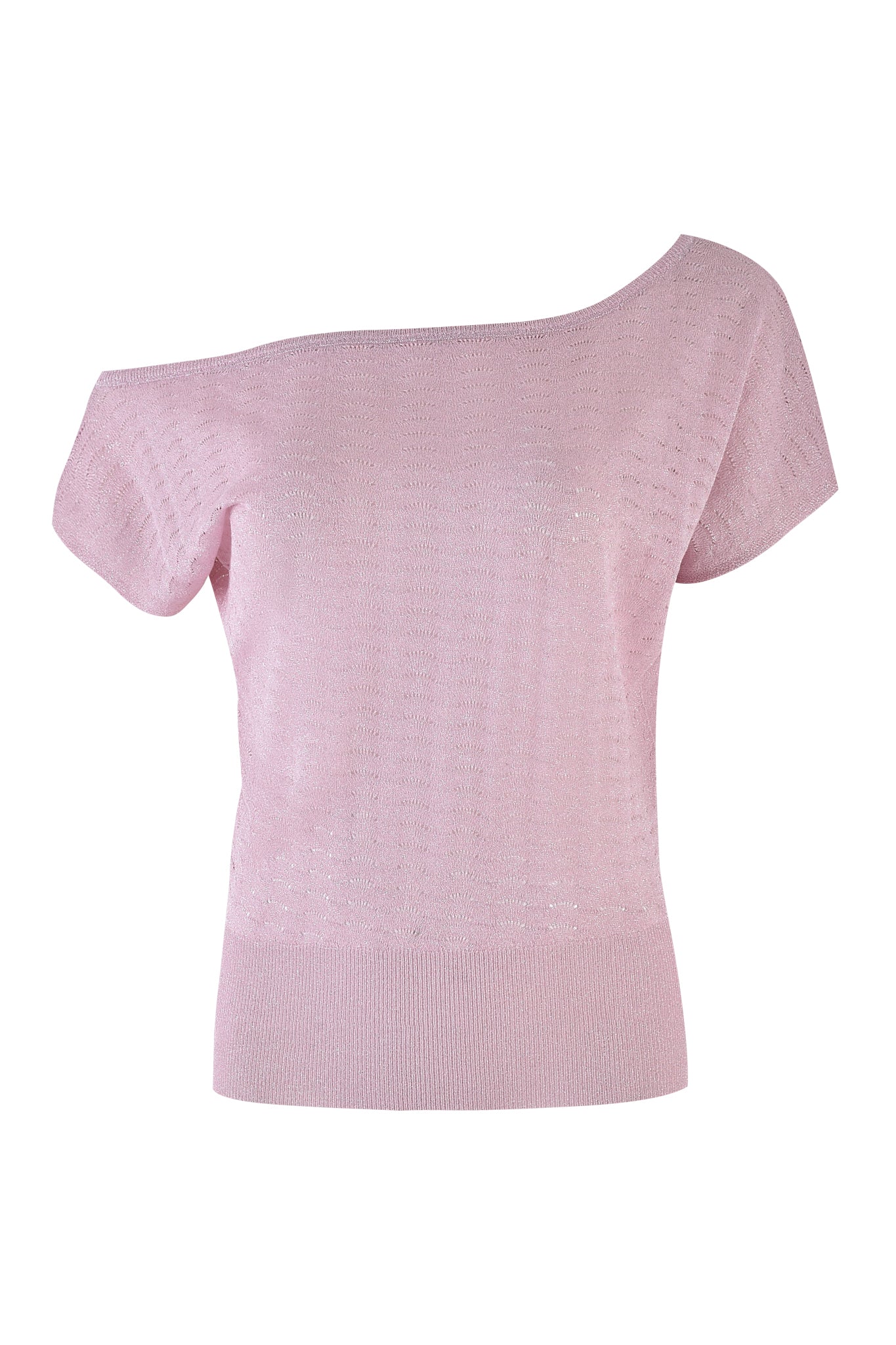 The GIGI TOP - PINK by I.AM.GIA is a light pink, short-sleeve off-the-shoulder top featuring a wide asymmetric neckline, crafted from soft pointelle knit with a delicate pattern and ribbed hem. Shown on a plain white background.