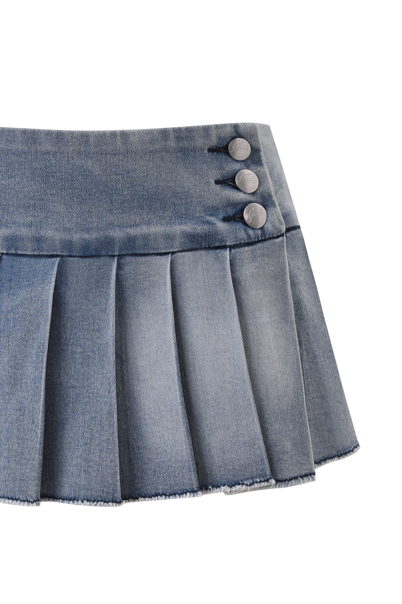 The I.AM.GIA REMINI DENIM MINI SKORT in light wash is a pleated, low-rise mini skort featuring a wide waistband and three silver buttons on the left side.