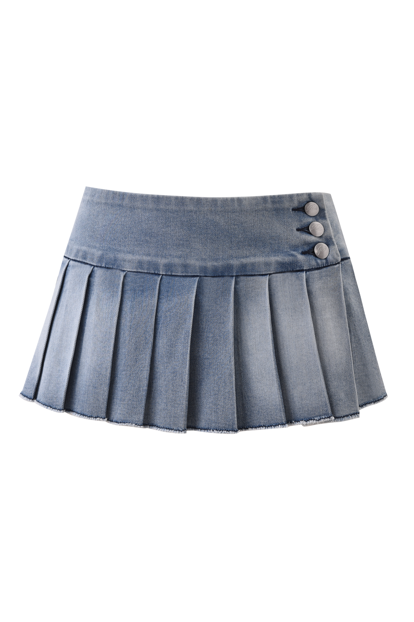The REMINI DENIM MINI SKORT - LIGHT WASH by I.AM.GIA is a micro-mini skort in light blue denim with a wide waistband, low-rise fit, and three metallic buttons on the right side.