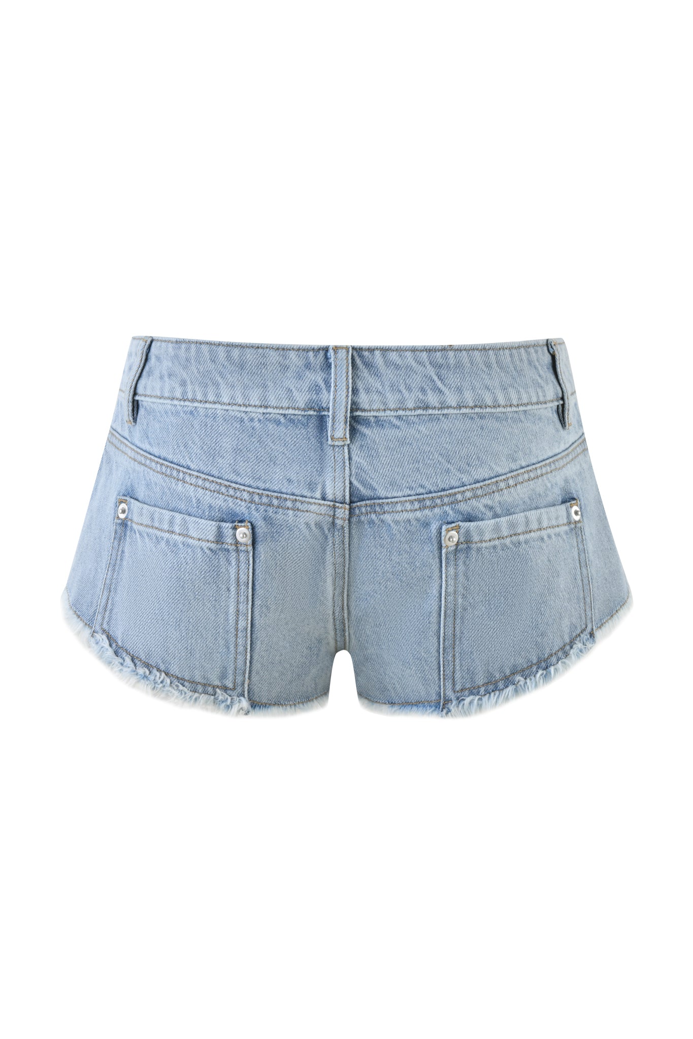 The back view of the I.AM.GIA AURA DENIM SHORT - BLUE in light blue wash showcases micro mini shorts with frayed hems, side zipper accents, and two back pockets with rivets. Featuring a belt-looped waistband, these low-waisted cut-offs have a textured, washed-out look.