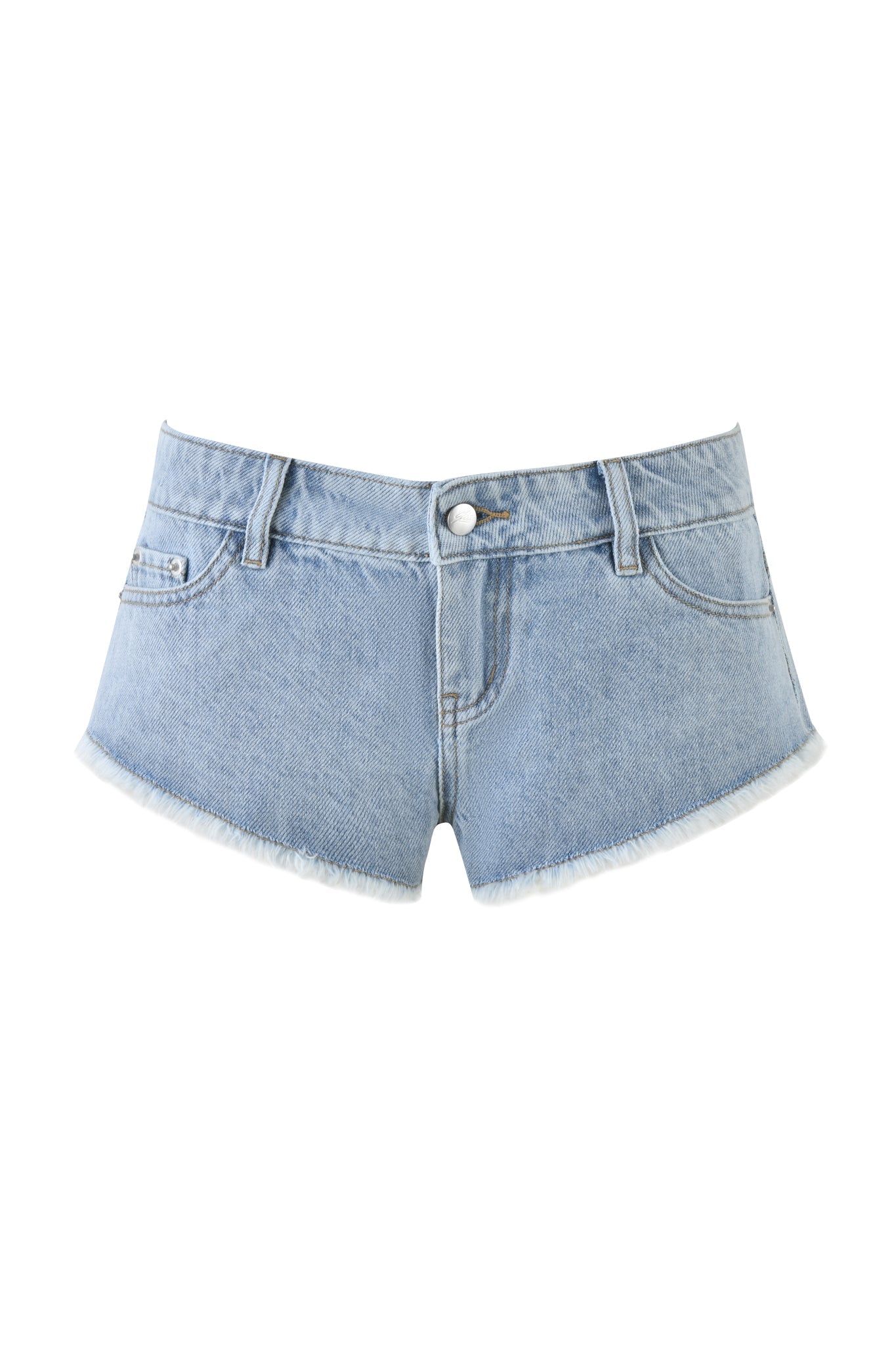 The AURA DENIM SHORT - BLUE by I.AM.GIA features light blue, low-waisted micro mini shorts with a frayed hem, single button closure, and front pockets. They contrast stylishly against a white background.