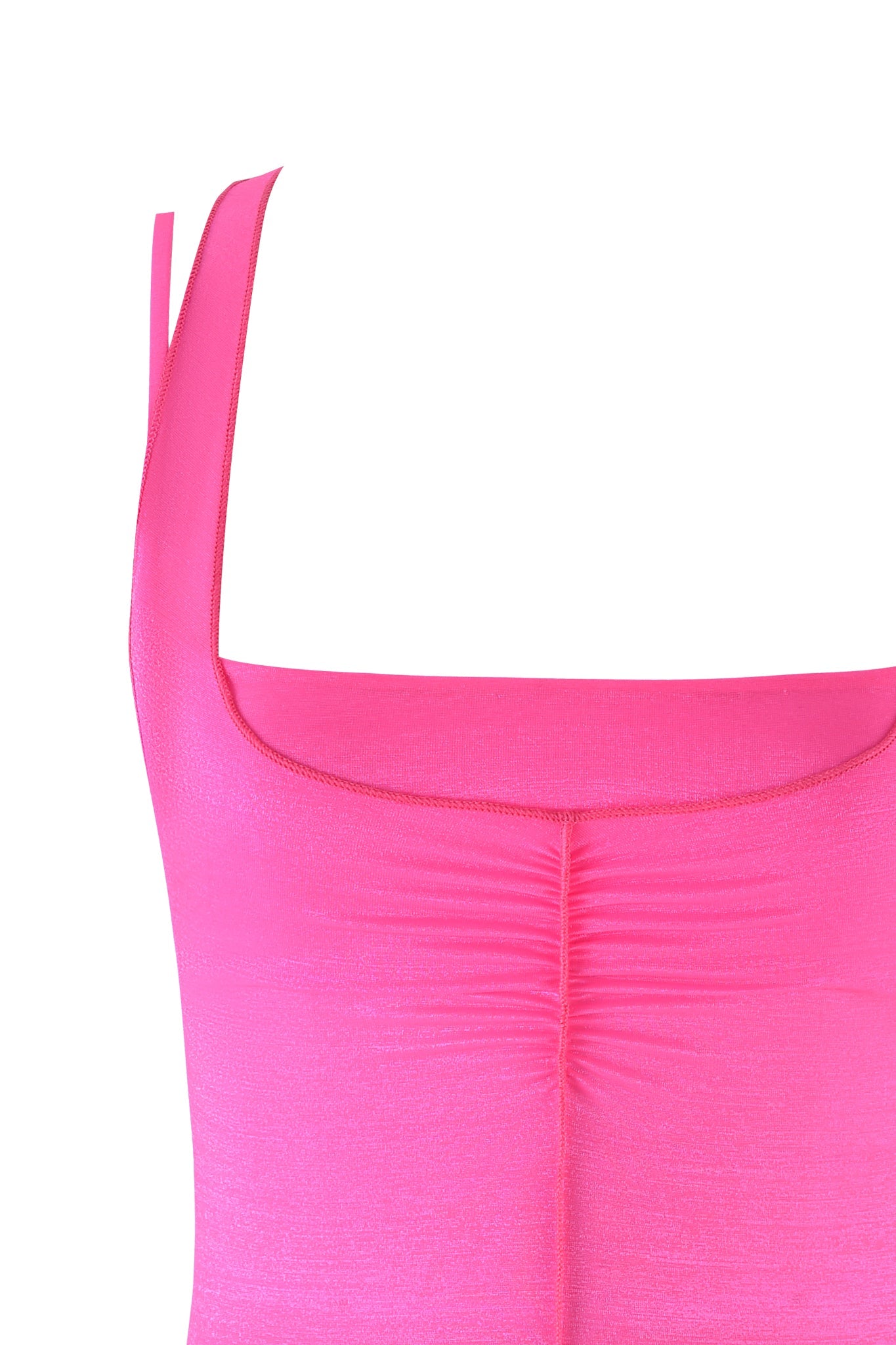 The I.AM.GIA Nerina Top, in neon pink shimmer, showcases a sleeveless design with a square neckline and center ruched detailing. The fabric is smooth and shiny.