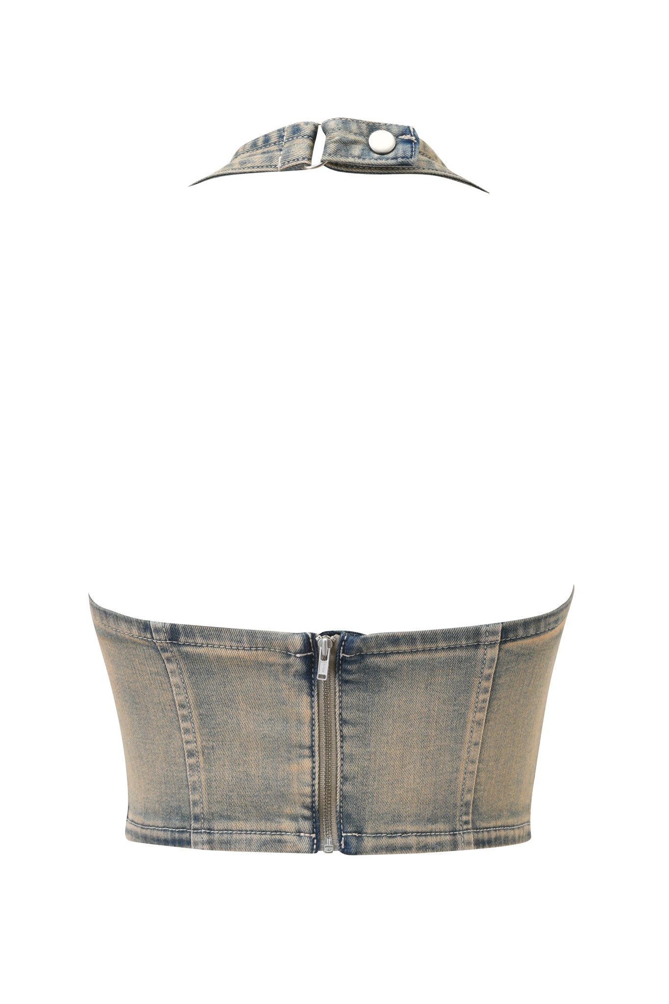 Back view of the TOMMIE CORSET by I.AM.GIA in antique denim, featuring a faded halter neck design with a high neckline, button closure at the neck, and back zipper.