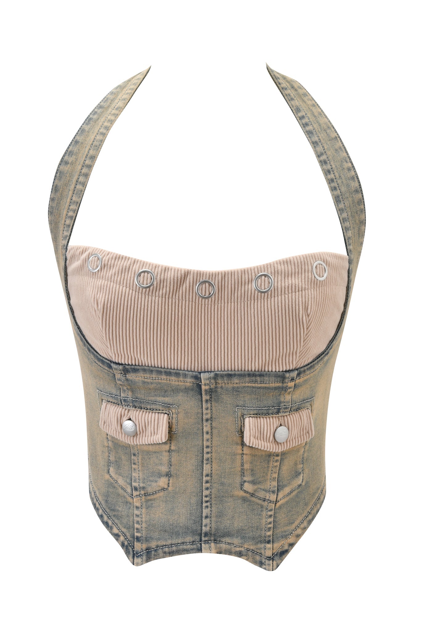 The I.AM.GIA TOMMIE CORSET in Antique Denim is a halter neck bodycon top with two front pockets, silver buttons, and a beige corduroy chest panel, displayed against a white background.