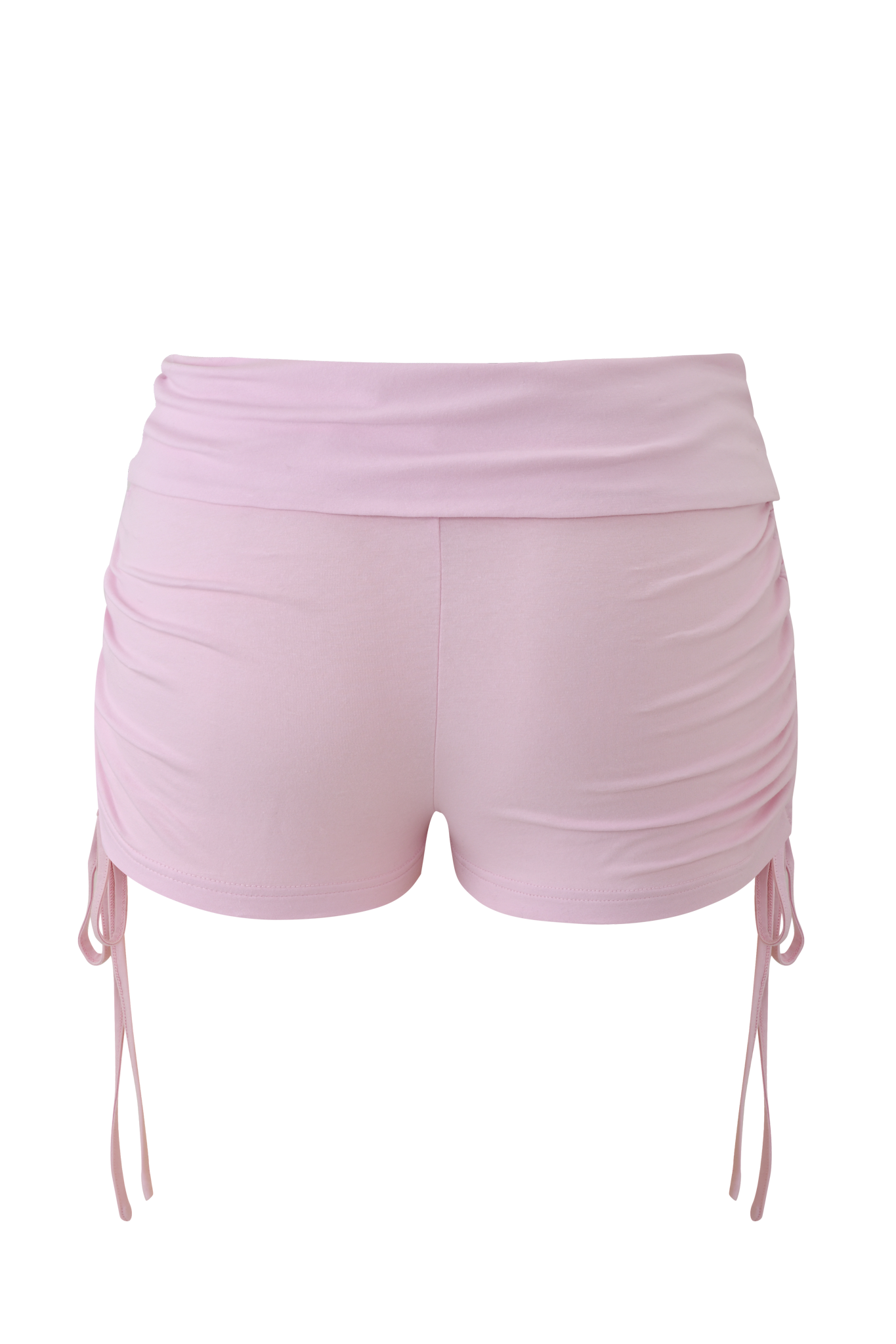 Back view of the I.AM.GIA MIA JERSEY SHORT in baby pink, featuring a high waist, ruched sides with adjustable drawstrings, and crafted from soft bamboo jersey, shown on a plain background.