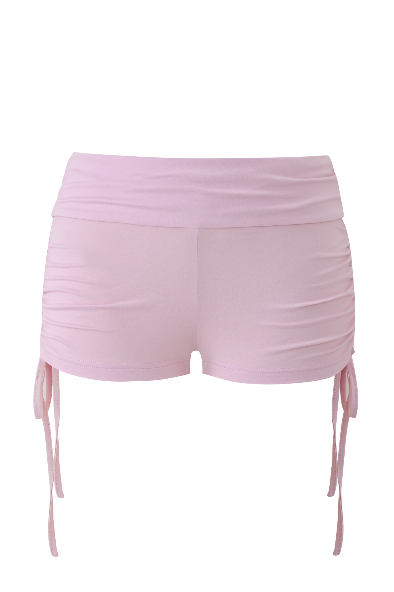 The I.AM.GIA MIA JERSEY SHORT in Baby Pink is a high-waisted women’s short with soft bamboo fabric, ruched sides, and adjustable drawstrings, shown from the back against a plain background.